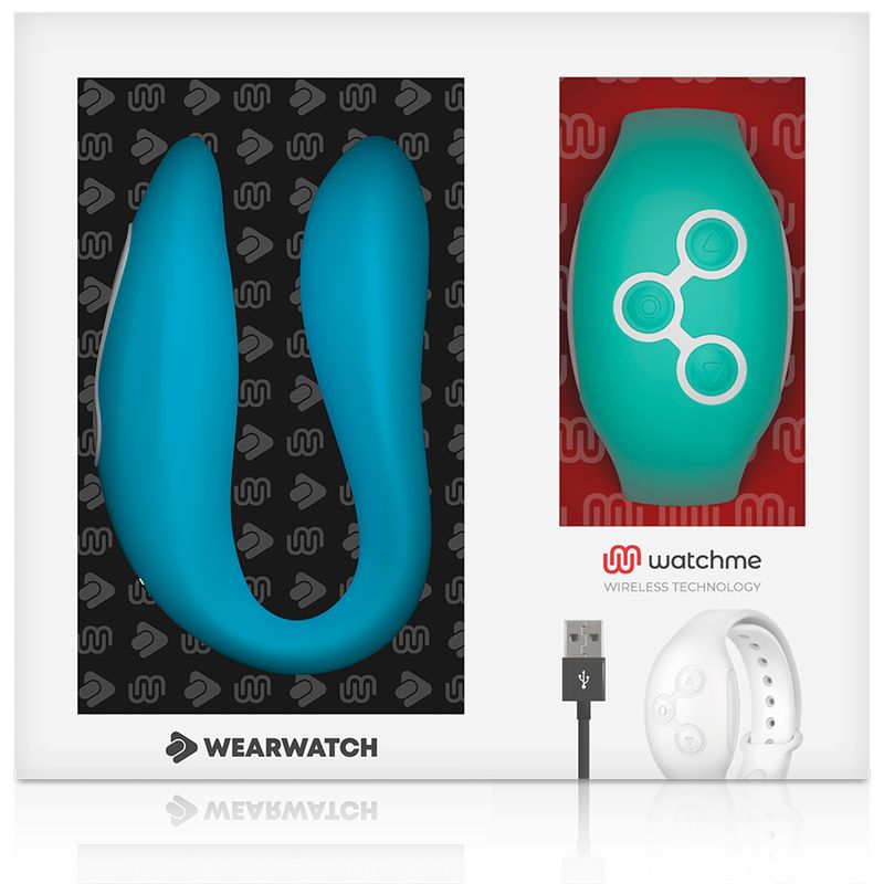 Wearwatch Dual-Technologie Set: blauer Vibrator, türkisfarbenes Armband und Ladekabel auf weißem Hintergrund.