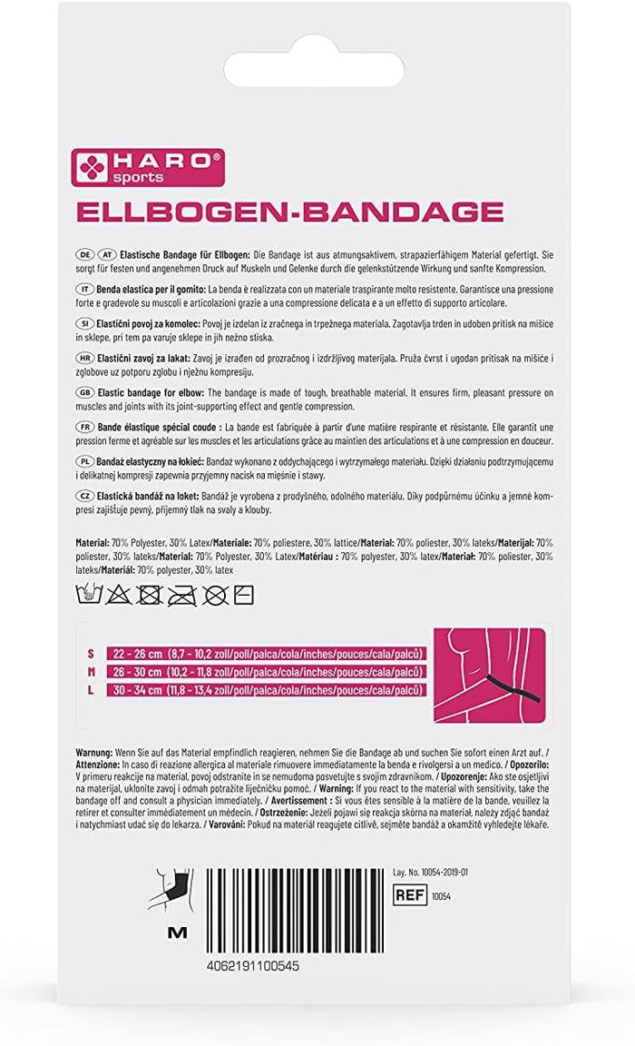 Rückseite der Haro Ellbogenbandage Verpackung. Text in mehreren Sprachen. Größenangaben S, M, L. Materialzusammensetzung.