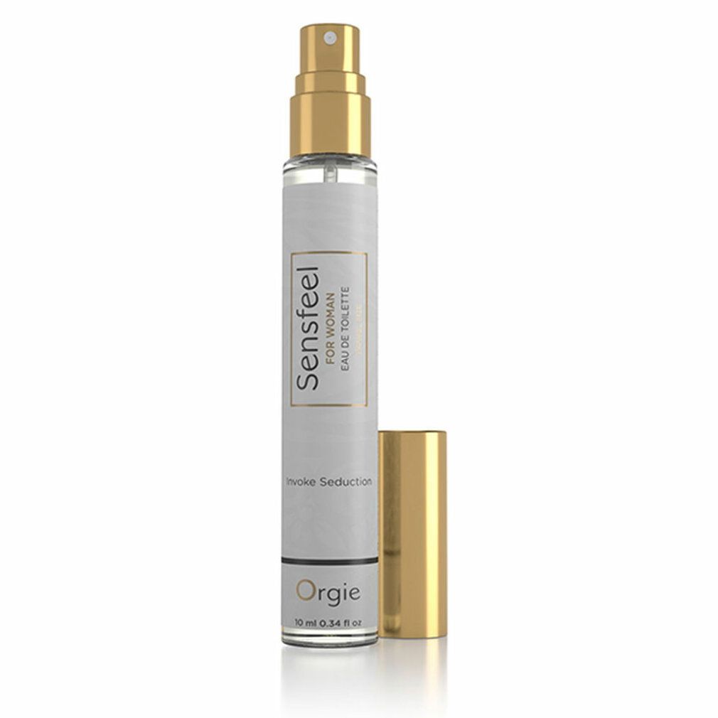 Parfümflasche mit goldfarbenem Deckel. Aufschrift: Sensfeel, Eau de Toilette, Orgie. Offener Deckel daneben.