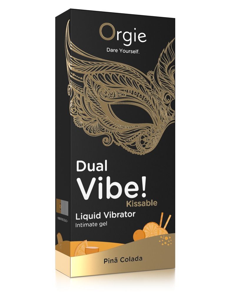 Schwarze Verpackung mit goldener Maske und Text. Enthält 'Dual Vibe! Kissable Liquid Vibrator' und 'Pinã Colada'.