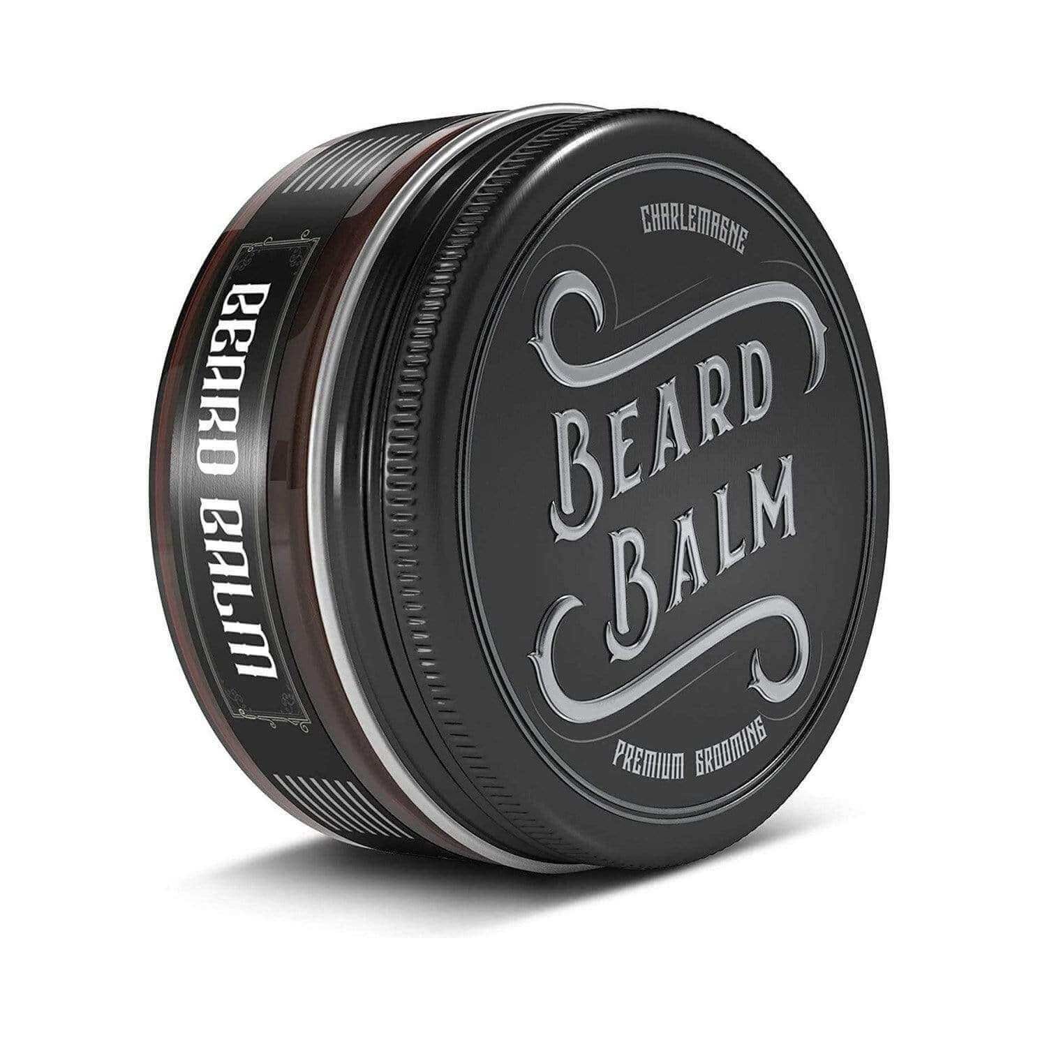 Runde, schwarze Dose mit silberner Aufschrift BEARD BALM. Auf der Seite steht BEARD BALM. Premium Grooming.