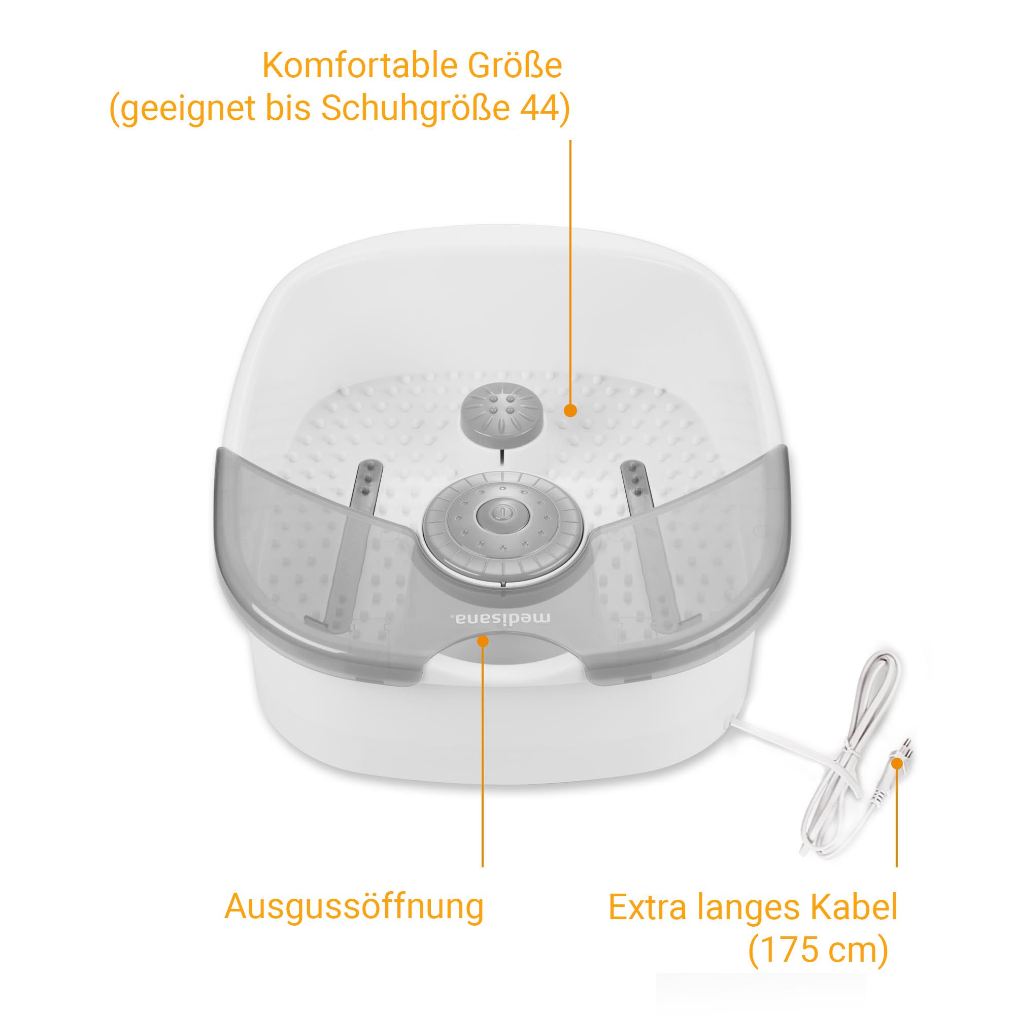 Fußsprudelbad mit Beschriftungen für Größe, Ausguss und Kabel.