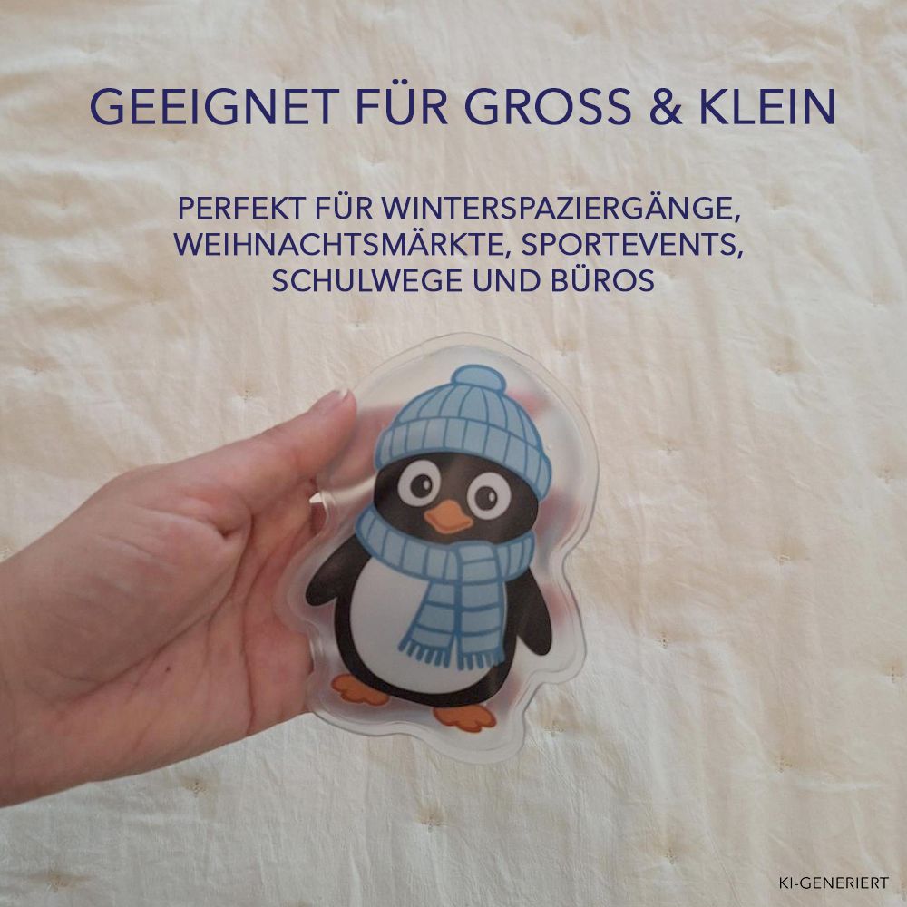 Hand hält ein Pinguin-Wärmekissen mit blauer Mütze und Schal.