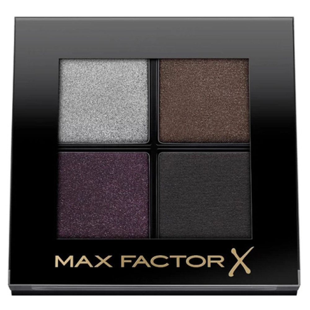 Quadratische Palette mit vier Lidschattenfarben: Silber, Braun, Lila und Schwarz. Schwarzer Rahmen, goldener Schriftzug.