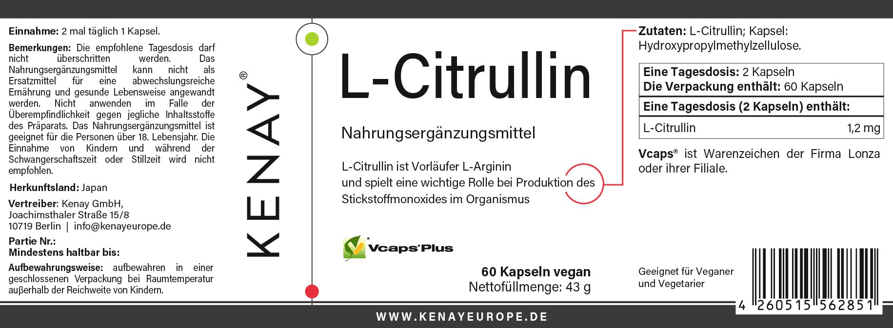Etikett mit Produktinformationen für L-Citrullin Kapseln. Enthält Produktname, Marke KENAY, Inhaltsstoffe, Dosierung und weitere Angaben.