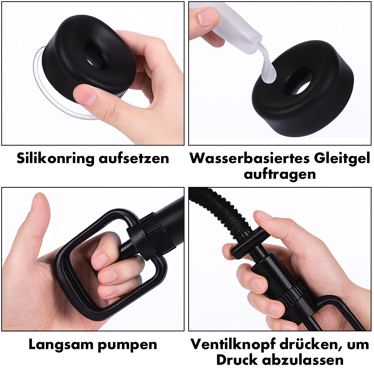 Nahaufnahmen von vier Schritten zur Anwendung der Penispumpe. Gezeigt werden: Aufsetzen eines Silikonrings, Auftragen von Gleitgel, Pumpen und Drücken eines Ventils.