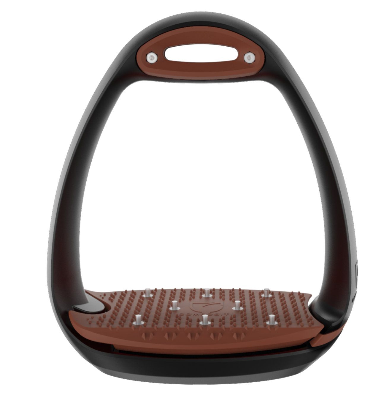 Brauner und schwarzer Steigbügel. Ovaler Rahmen, geriffelte Trittfläche. Zwei Schrauben oben. Keine Marke sichtbar.