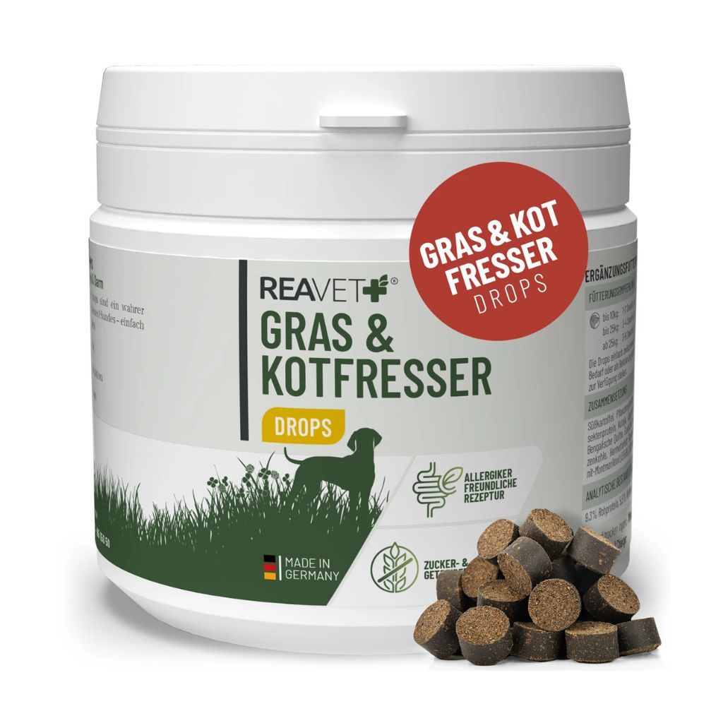 Produkt ReaVET Gras & Kotfresser Drops. Weiße Dose mit Tabletten. Roter Aufkleber. Text: Gras & Kotfresser Drops.