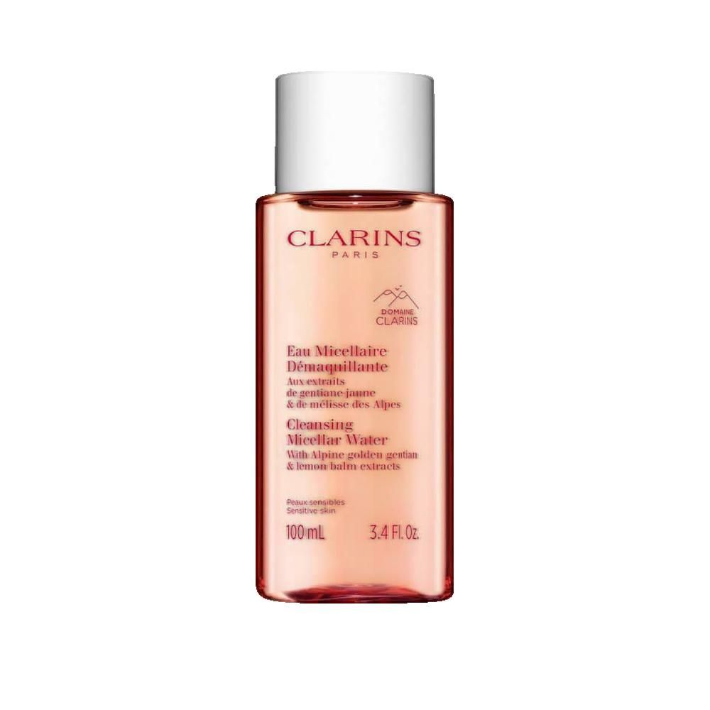 Rosa Flasche mit weißem Deckel. Aufschrift: Clarins, Eau Micellaire Démaquillante, Cleansing Micellar Water.