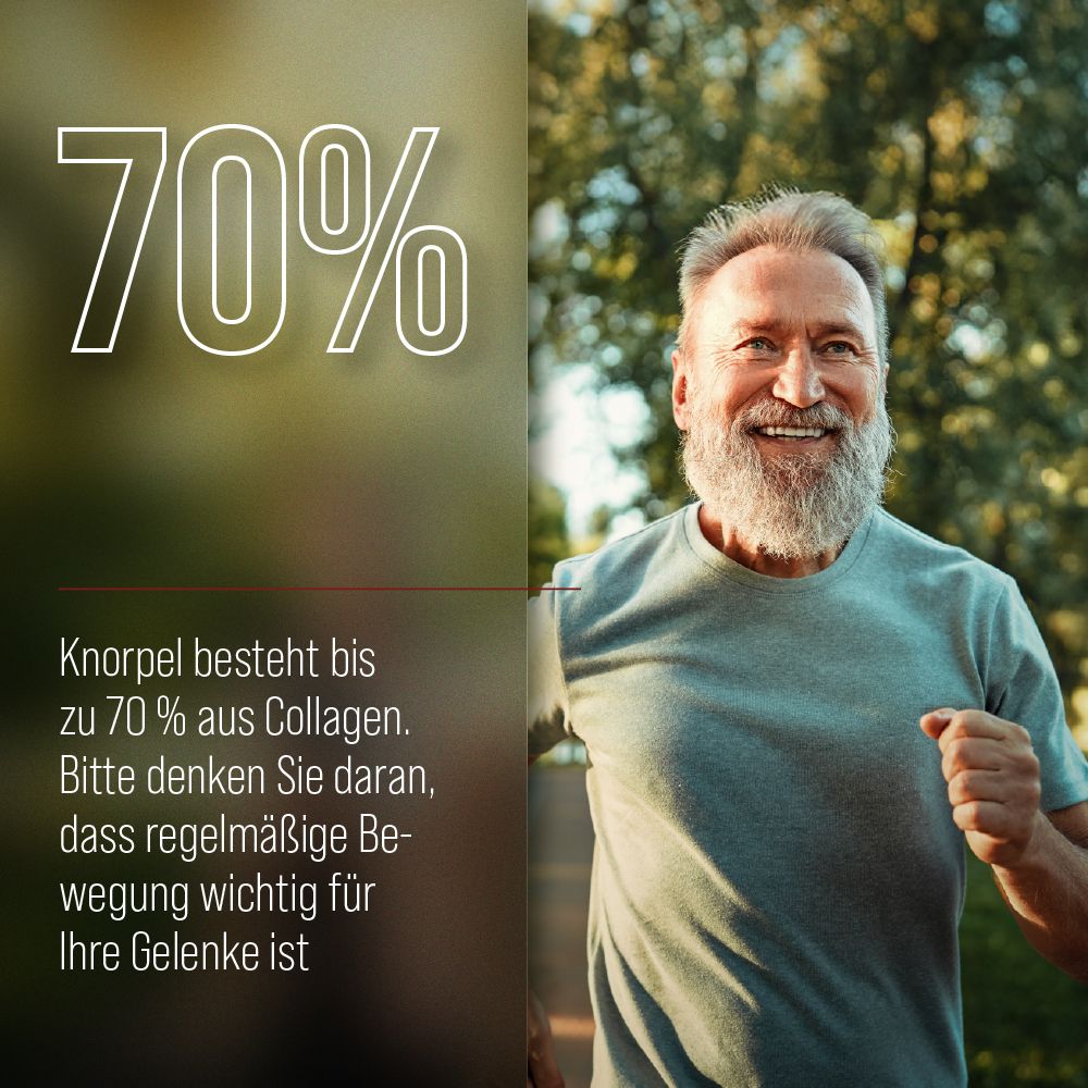 Mann joggt. Text: Knorpel besteht bis zu 70 % aus Collagen. Regelmäßige Bewegung ist wichtig für Gelenke.