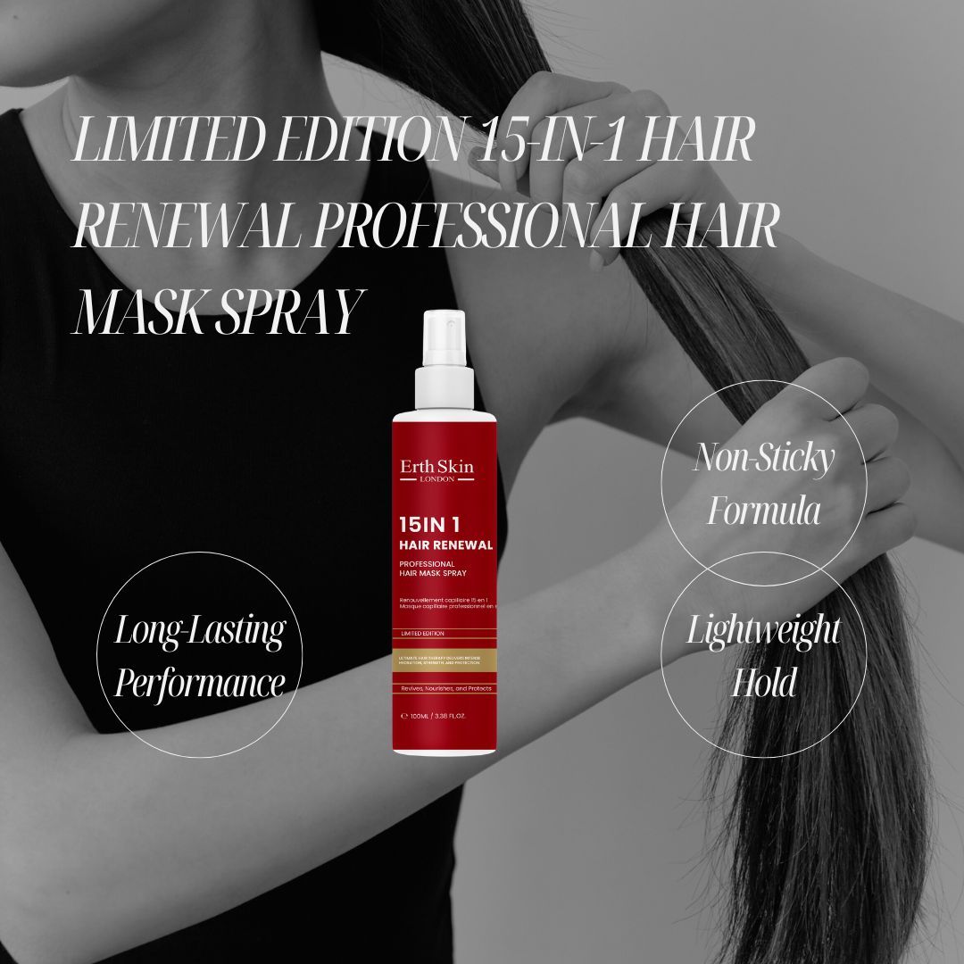 ErthSkin London Spray Masque Réparateur Cheveux 15-in-1, mit Textfeldern für 'Non-Sticky Formula' und 'Lightweight Hold'.