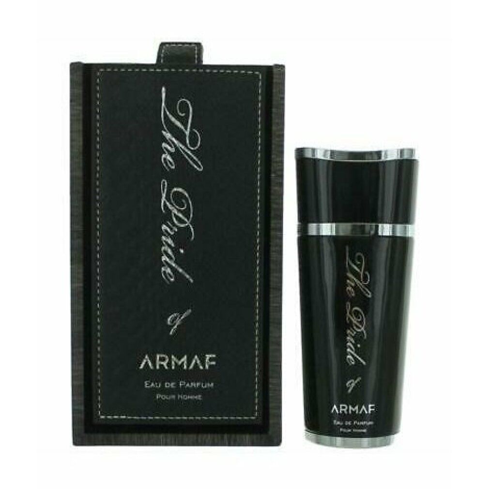 Schwarze Parfumflasche und Verpackung. Silberne Schrift: The Pride of Armaf. Eau de Parfum für Männer. Rechteckige Verpackung.