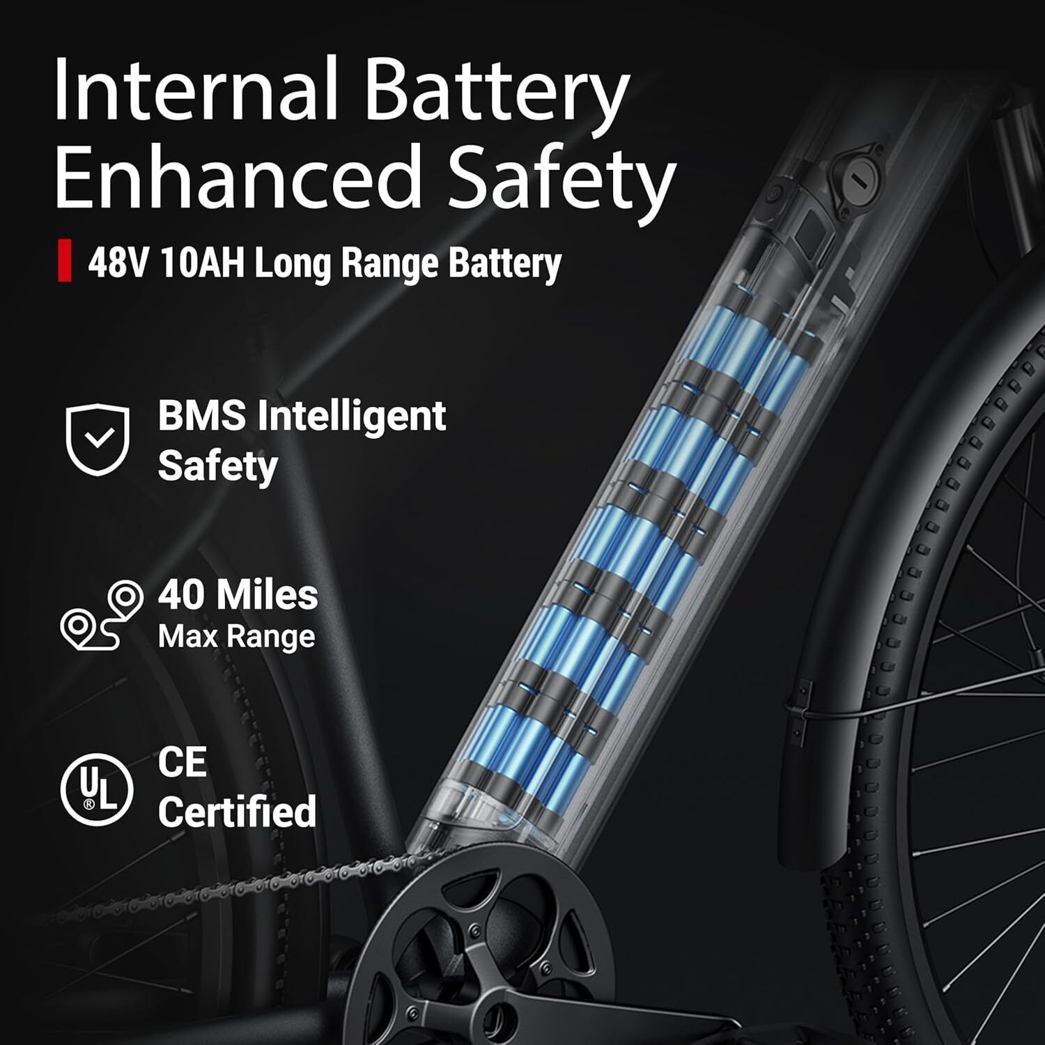 E-Bike mit interner Batterie, 48V 10AH. BMS-Sicherheit, 40 Meilen Reichweite, CE-zertifiziert. Schwarzes Fahrrad mit transparentem Batteriefach.