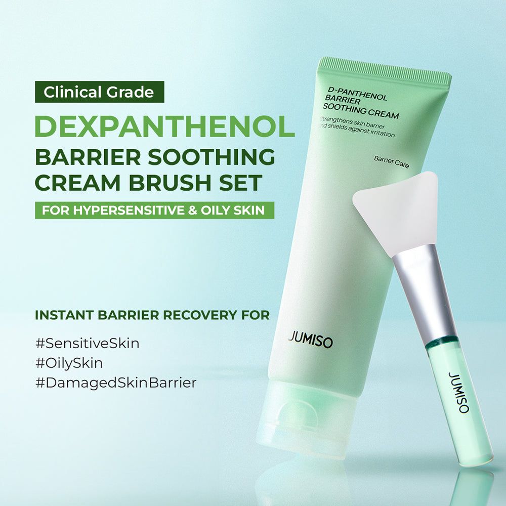 D-Panthenol Barrier Soothing Cream und Bürste. Text: Clinical Grade, für hypersensible und fettige Haut. Text: JUMISO.