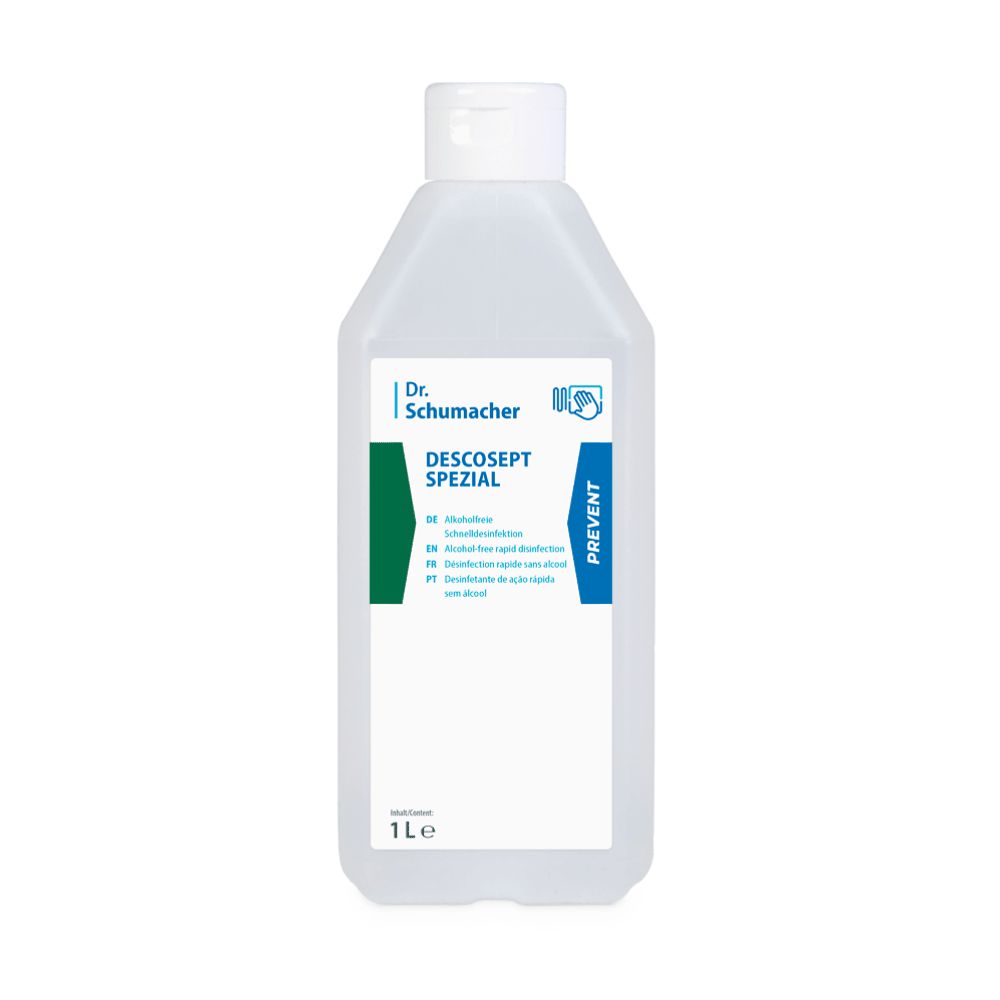 Transparente Flasche mit weißem Verschluss. Etikett mit Produktnamen und Informationen. 1 Liter.