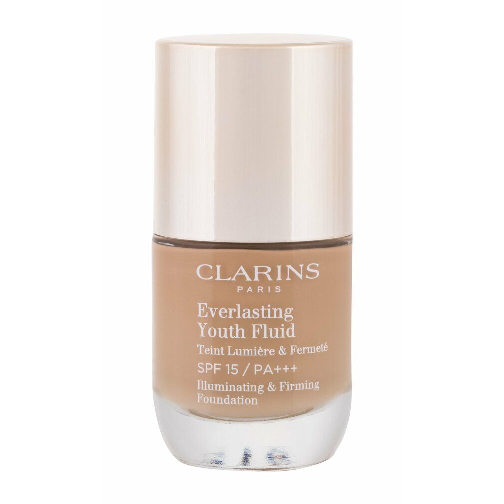 Clarins Everlasting Youth Fluid SPF 15. Flasche mit hellem Deckel. Aufschrift: SPF 15, Illuminating & Firming Foundation.