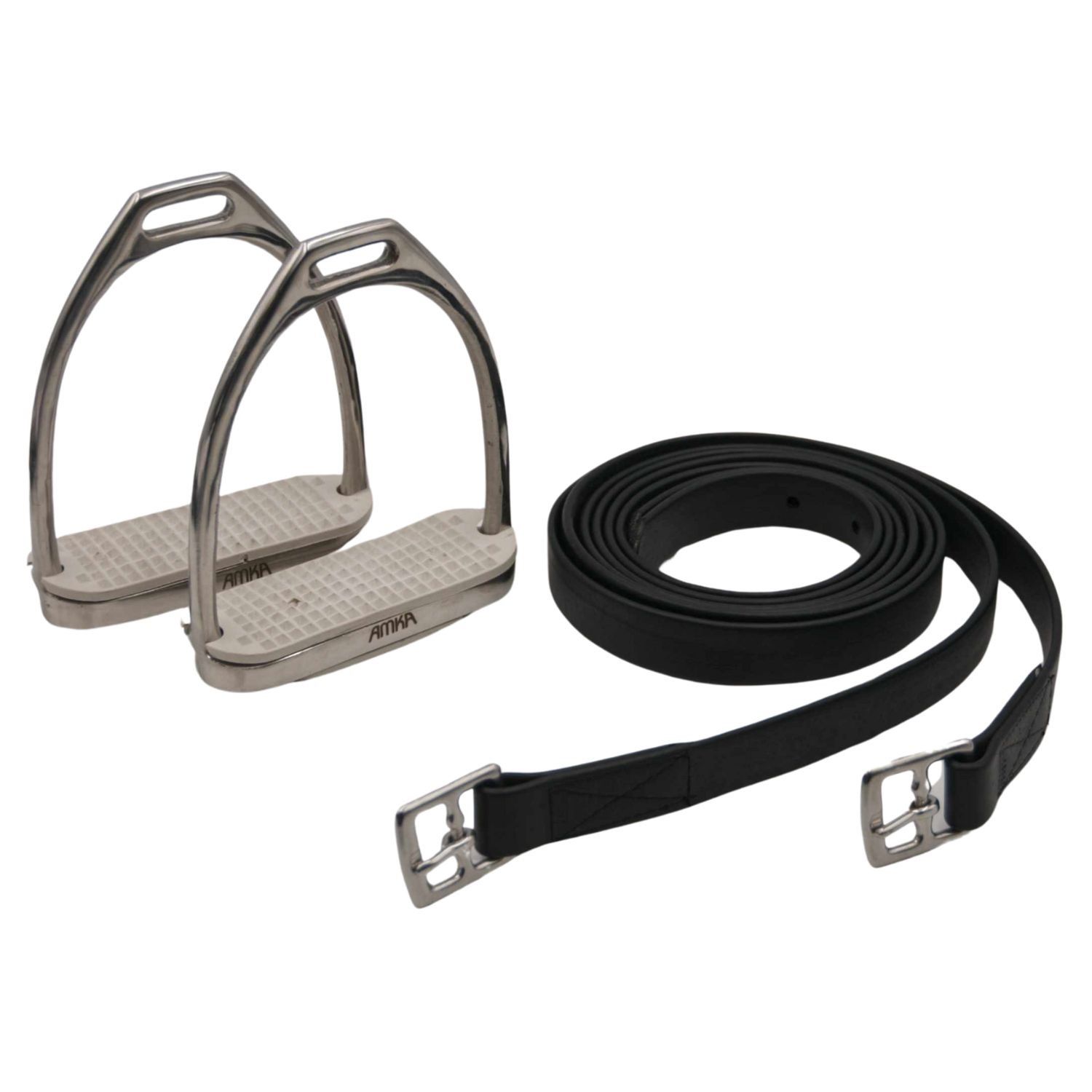 Set aus zwei Steigbügeln und Steigbügelriemen. Steigbügel mit weißer Gummieinlage. Schwarze Riemen mit Schnallen.