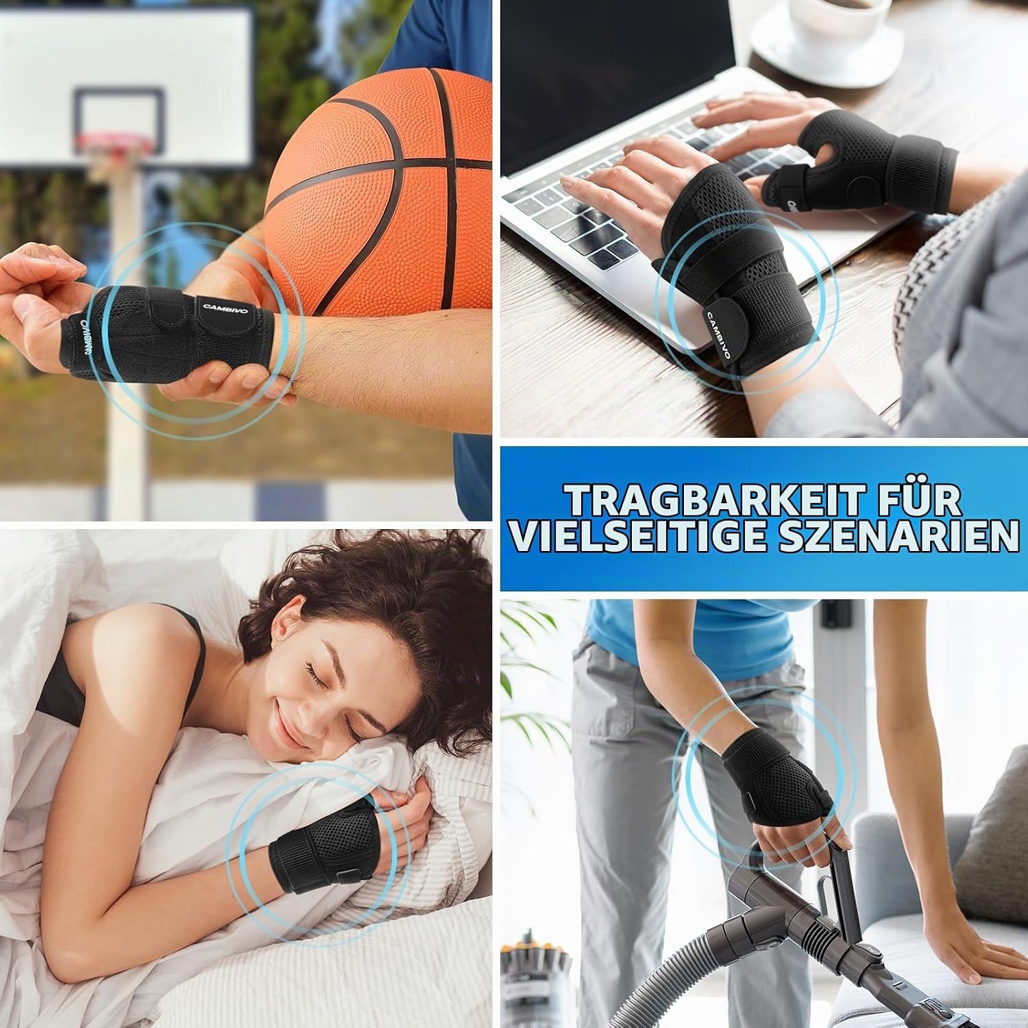 Handgelenkbandage mit Daumenstütze, Klettverschluss und atmungsaktivem Mesh-Gewebe.