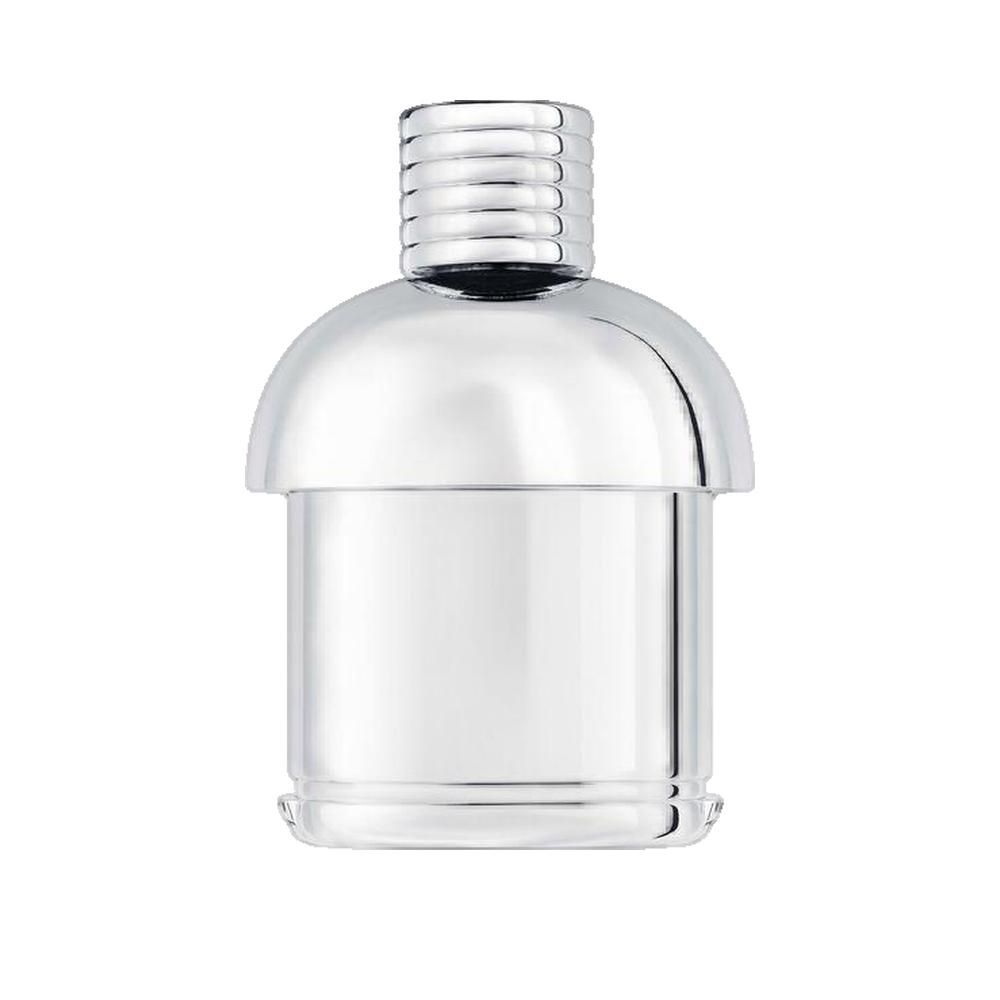 Silberfarbener Flakon mit silbernem Deckel. Der Flakon hat eine zylindrische Form mit einem abgerundeten Deckel.