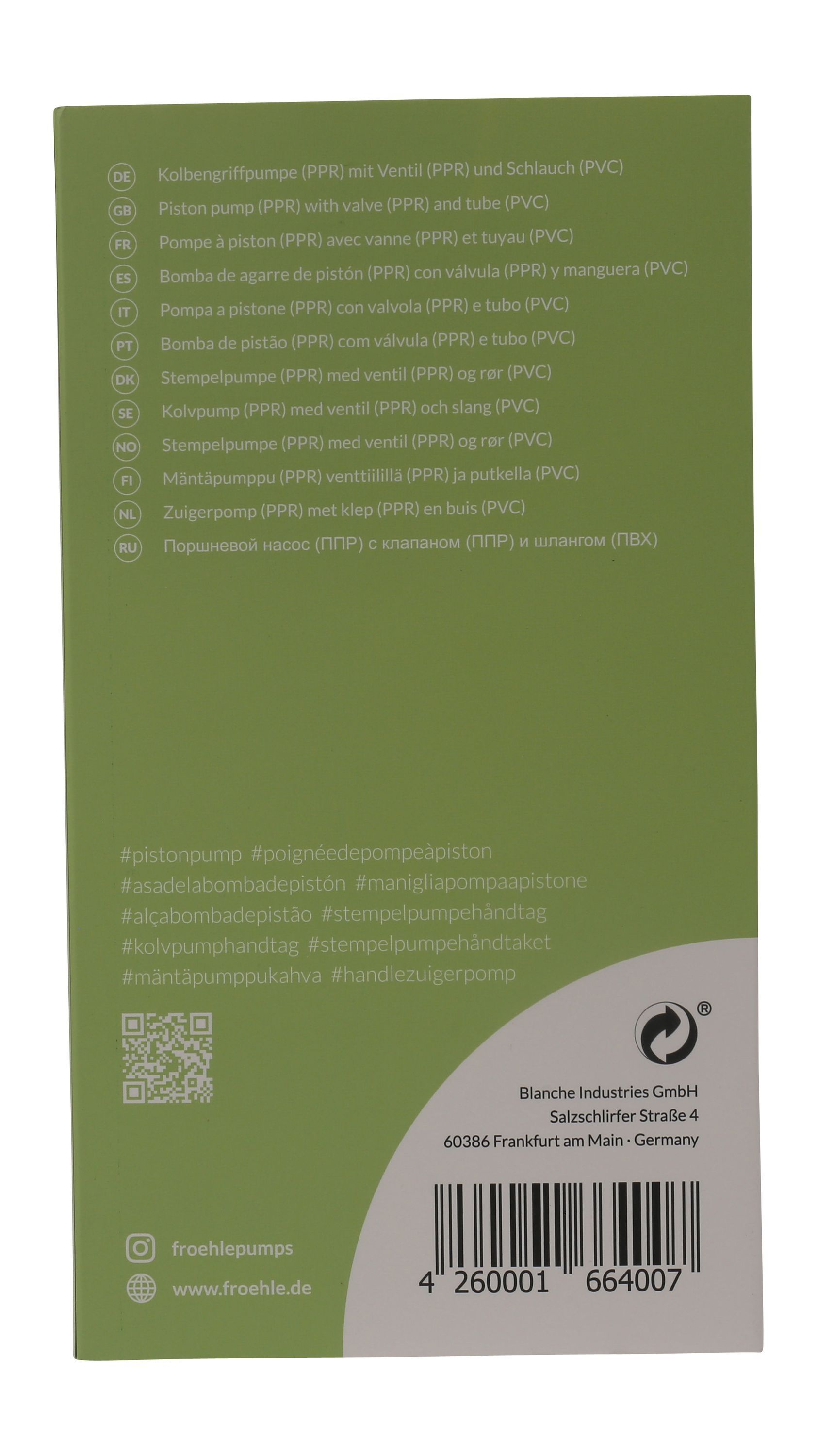 Rückseite der Verpackung mit Produktinformationen und Text in mehreren Sprachen. QR-Code und Kontaktinformationen sind ebenfalls vorhanden.