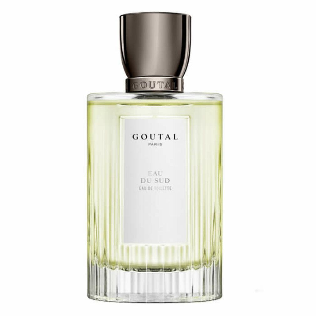 Goutal Paris Eau Du Sud Eau De Toilette Spray. Rechteckige Glasflasche mit silbernem Deckel. Weißes Etikett mit Text.