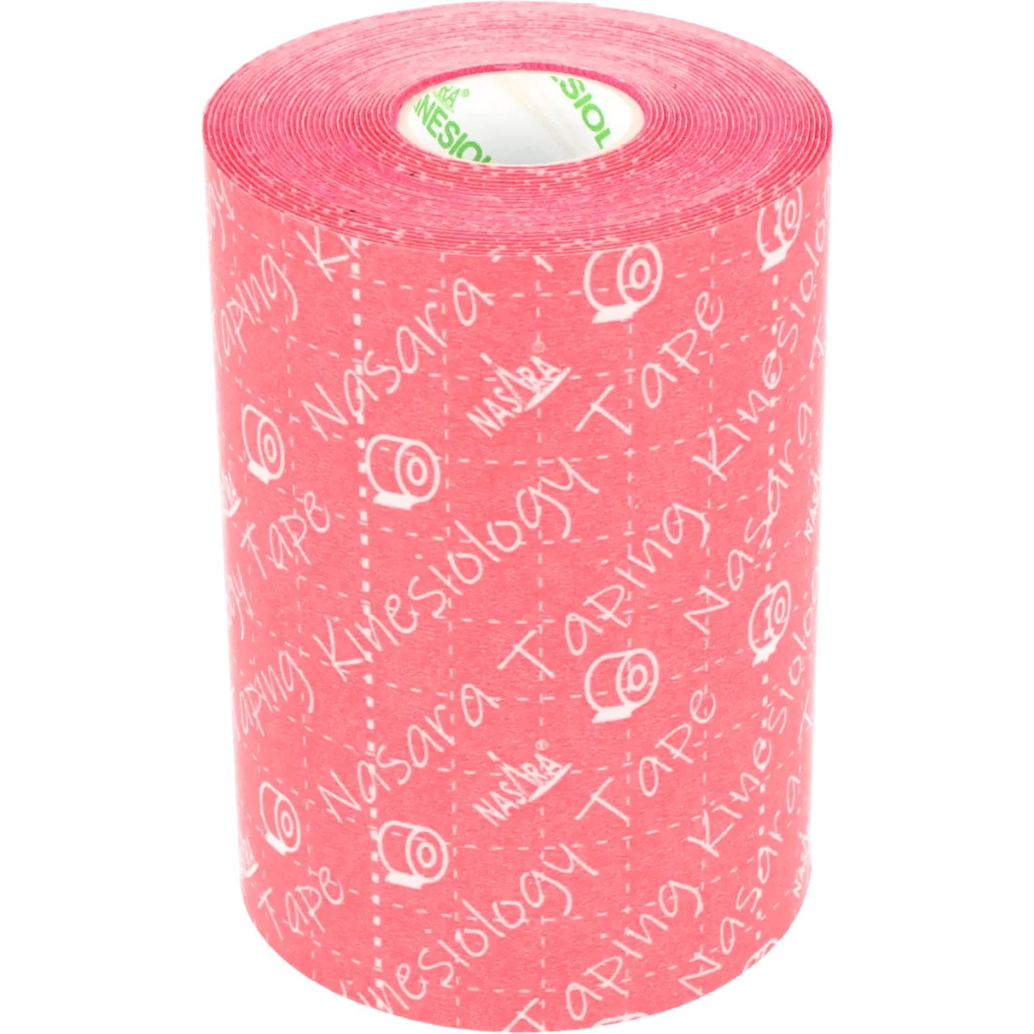 Rolle pinkfarbenes Kinesio-Tape. Aufdruck: Nasara Kinesiology Tape. Weißes Logo. Aufschrift auf der Rolle.