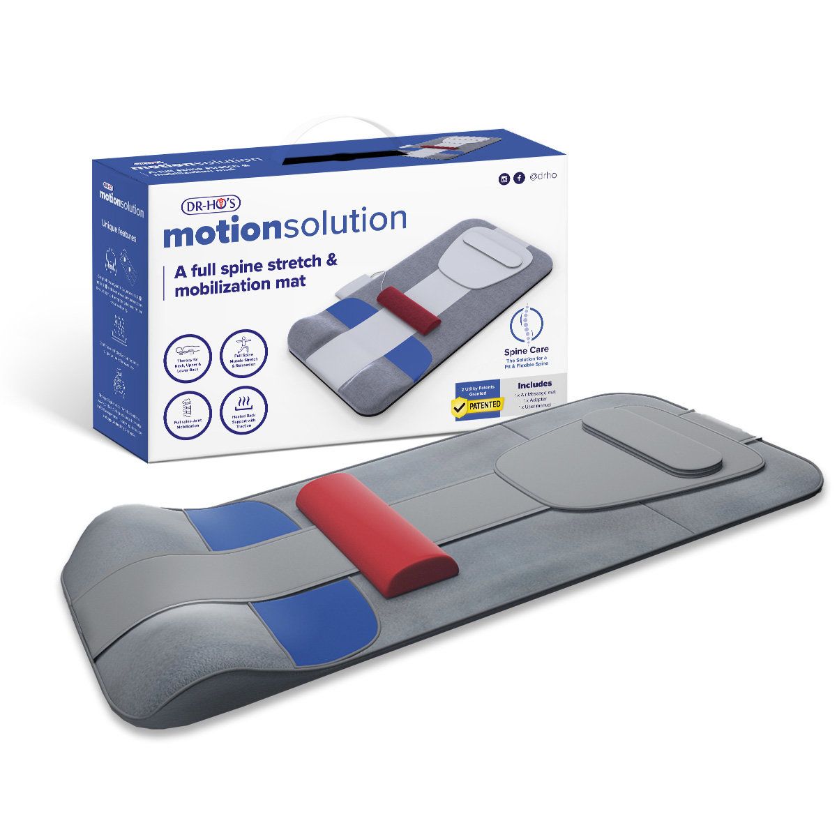 Produktverpackung und Matte. Matte: grau, blau, rot. Verpackung: DR-HO'S MotionSolution. Text: A full spine stretch & mobilization mat.
