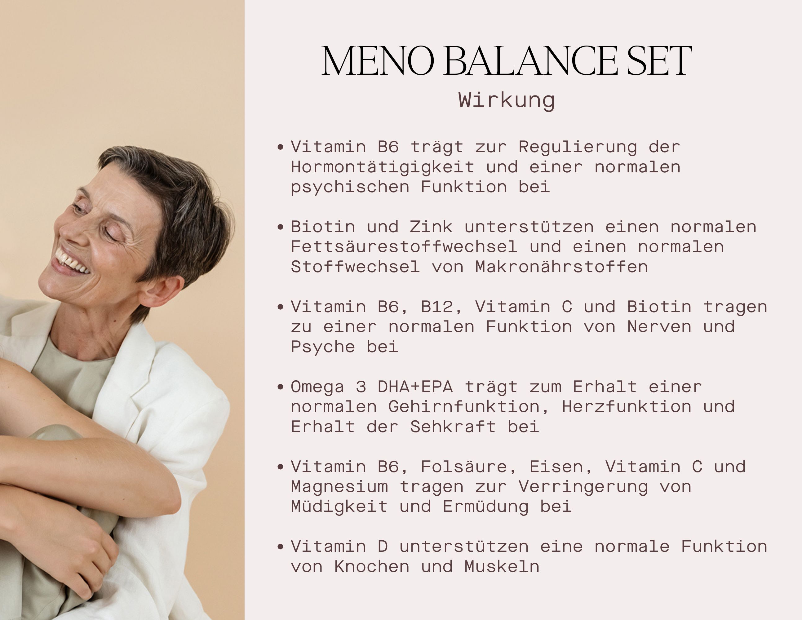Text mit Vorteilen des Meno Balance Sets. Eine lächelnde Frau im Hintergrund.