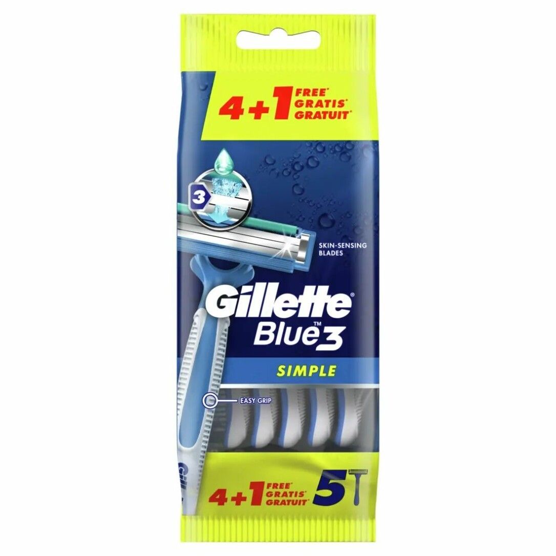 Gillette Blue 3 Simple Einwegrasierer-Packung. Gelb-blaue Verpackung. Text: 4+1 gratis. Rasierer-Abbildung.