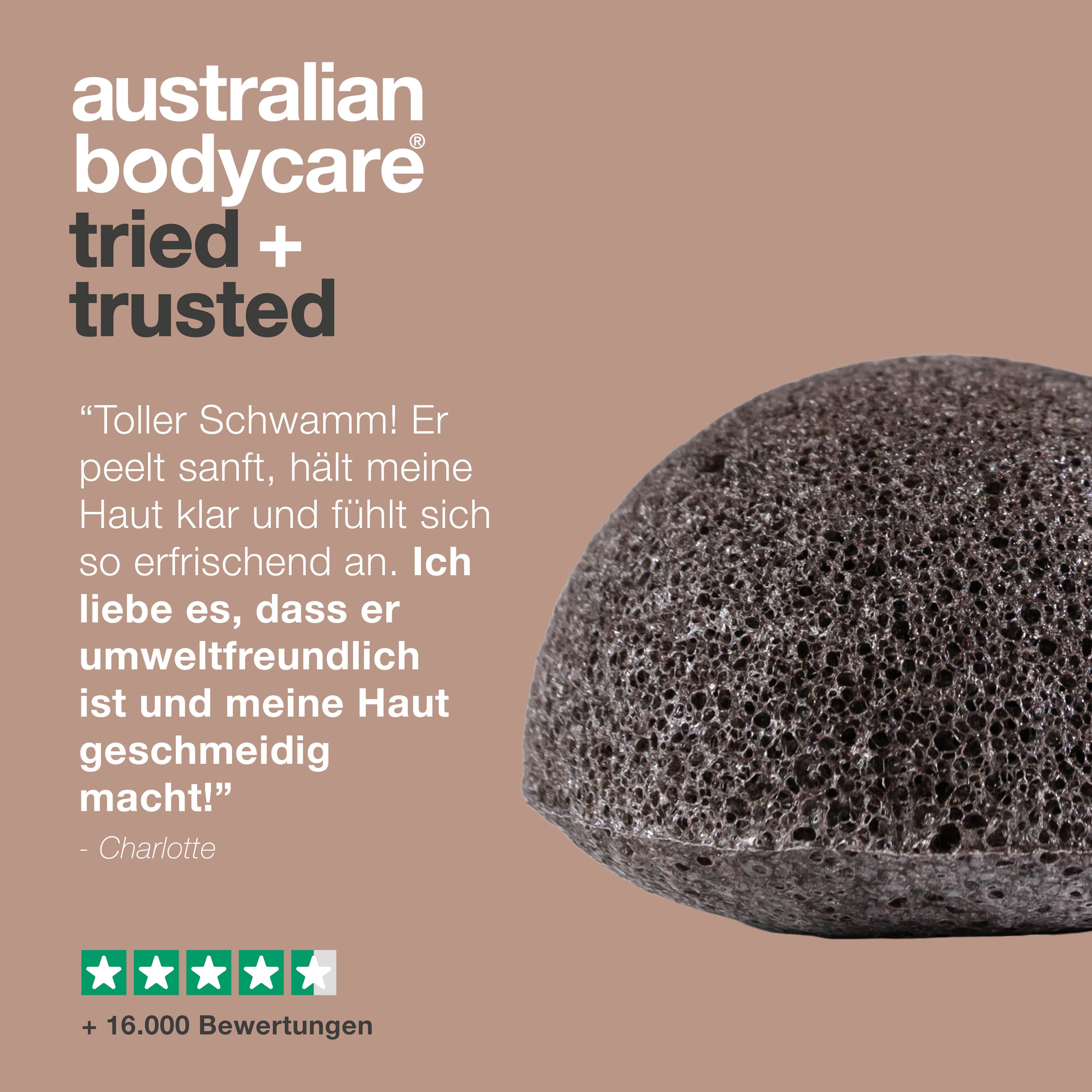 Konjac-Schwamm neben Text. Australian Bodycare. Getestet + Vertraut. Zitat und Sternebewertung.