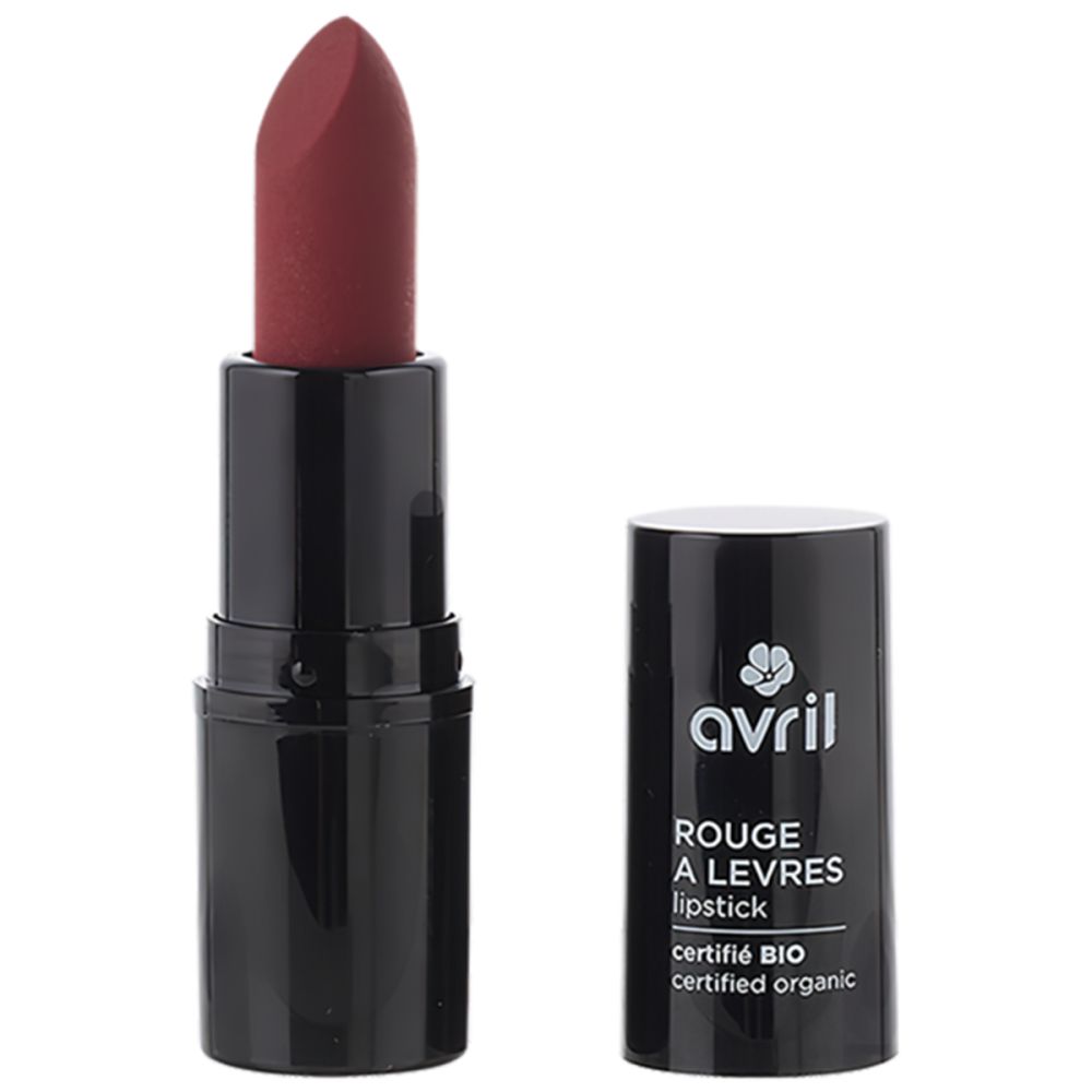 Schwarzer Lippenstift mit geöffneter Kappe. Auf dem Stift steht 'Avril', 'Rouge à Lèvres', 'certifié BIO'.