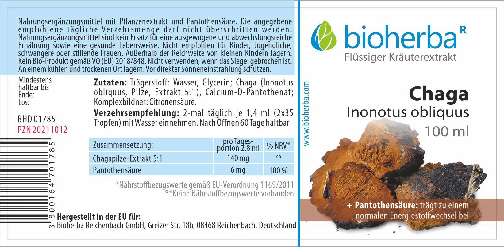 Braune Flasche mit Etikett. Text: bioherba, Chaga Inonotus obliquus, 100 ml. Zutaten, Verzehrempfehlung, Nährwertangaben.