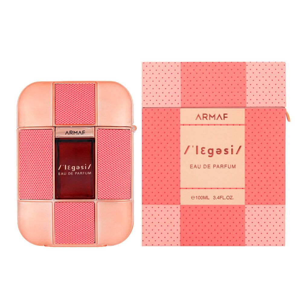 Parfümflasche und Verpackung. Rechteckige Flasche mit quadratischem Muster. Aufschrift: Armaf Legesi Eau de Parfum.