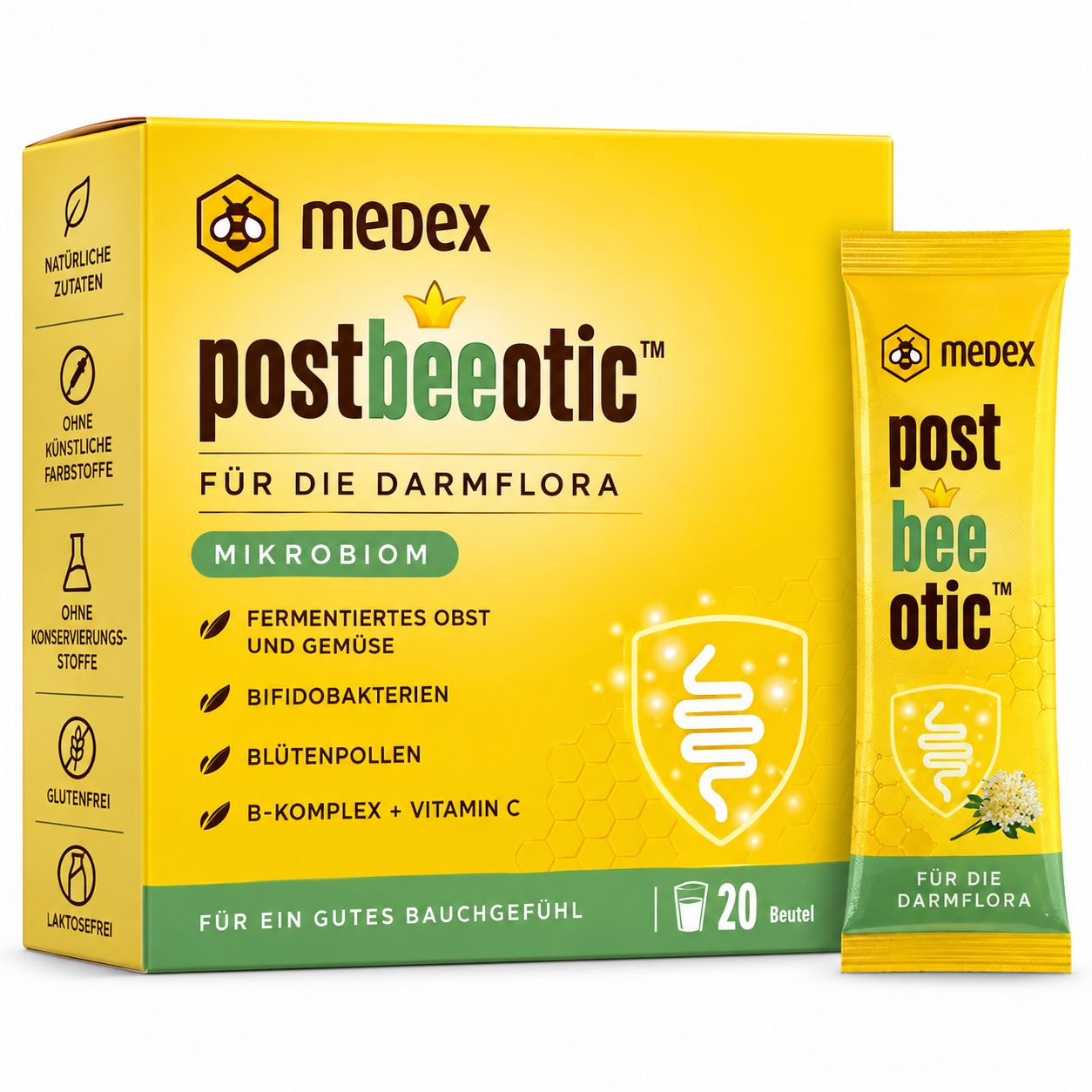 Medex Postbeeotic: Box und Beutel für die Darmflora. Enthält fermentiertes Obst, Gemüse, Bifidobakterien, Blütenpollen, B-Komplex, Vitamin C.