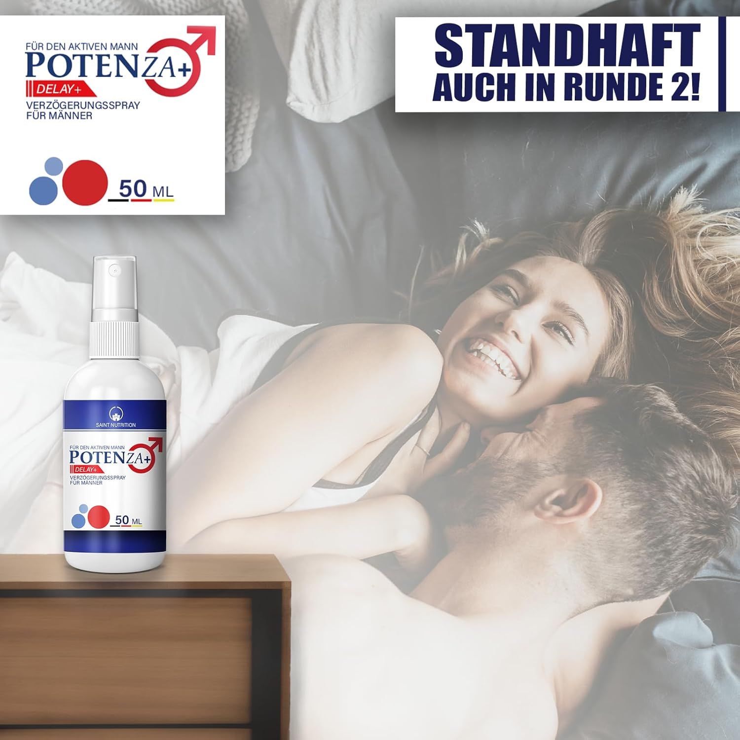 Produktflasche neben einem Blatt mit Produktinformationen. Paar im Bett. Text: STANDHAFT AUCH IN RUNDE 2!