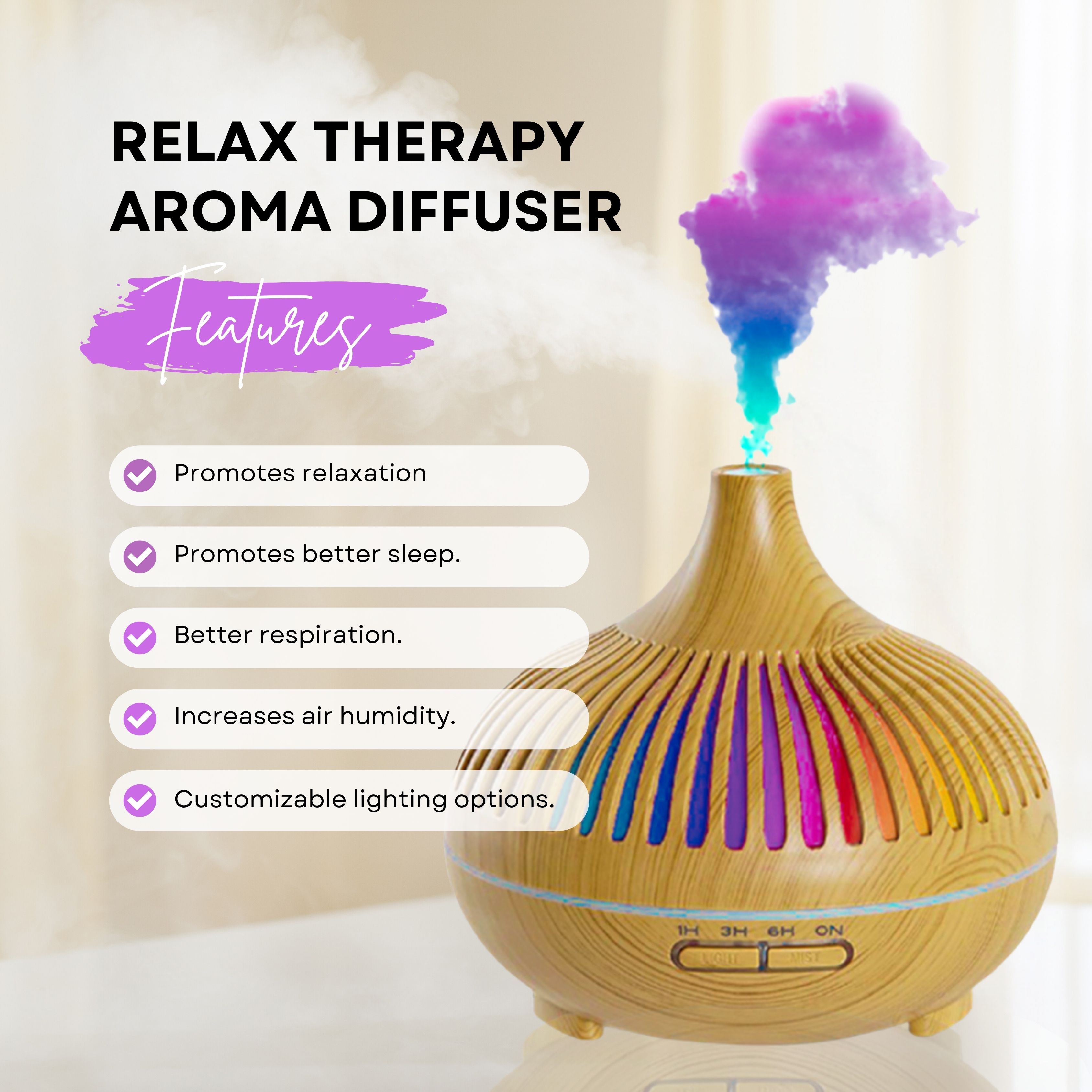 Holzfarbener Aroma-Diffusor mit bunten Lichtern und Liste der Vorteile.