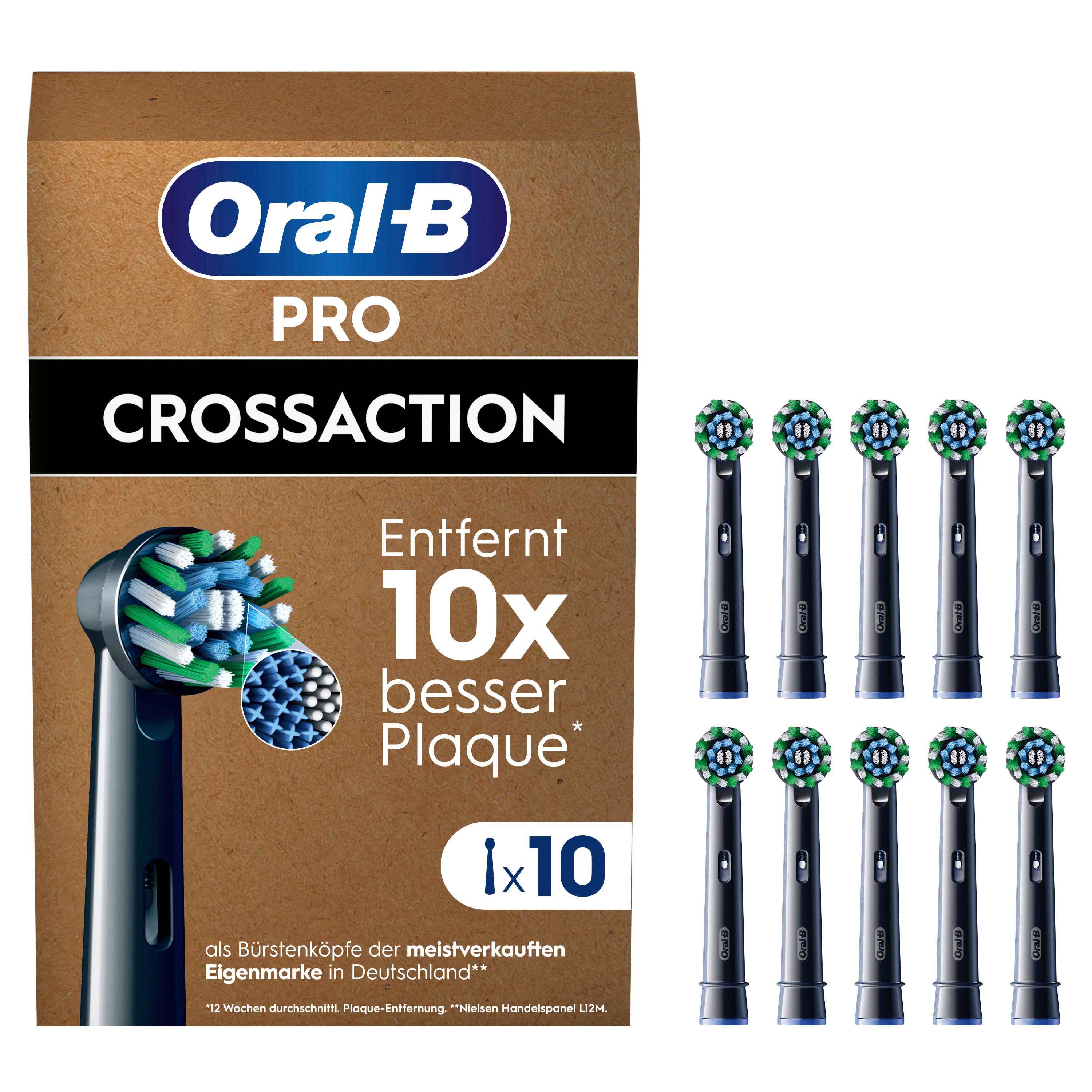 Verpackung mit 10 Zahnbürstenköpfen. Text: Oral-B Pro CrossAction, Entfernt 10x besser Plaque.