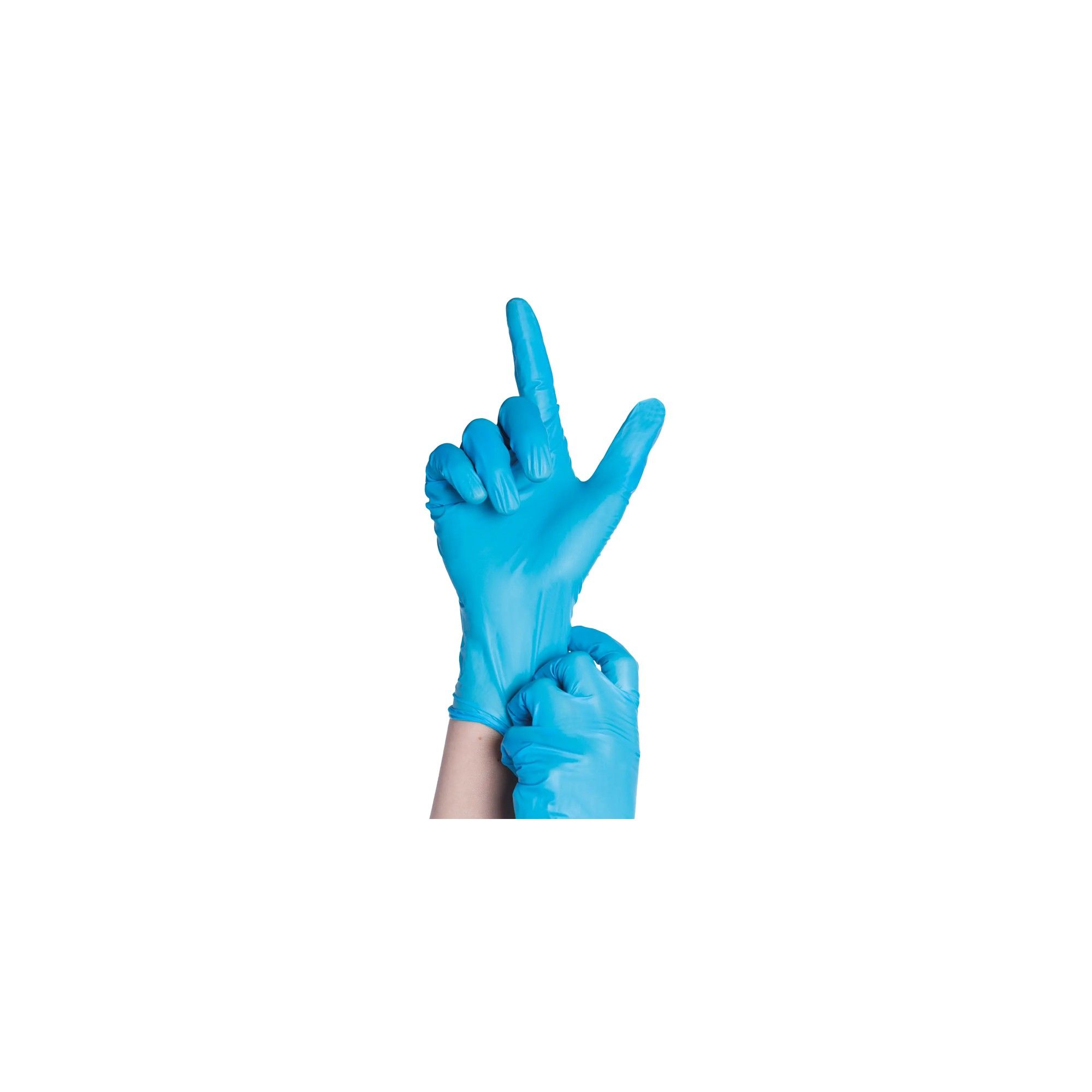 Person zieht blaue Vitril-Untersuchungshandschuhe an.