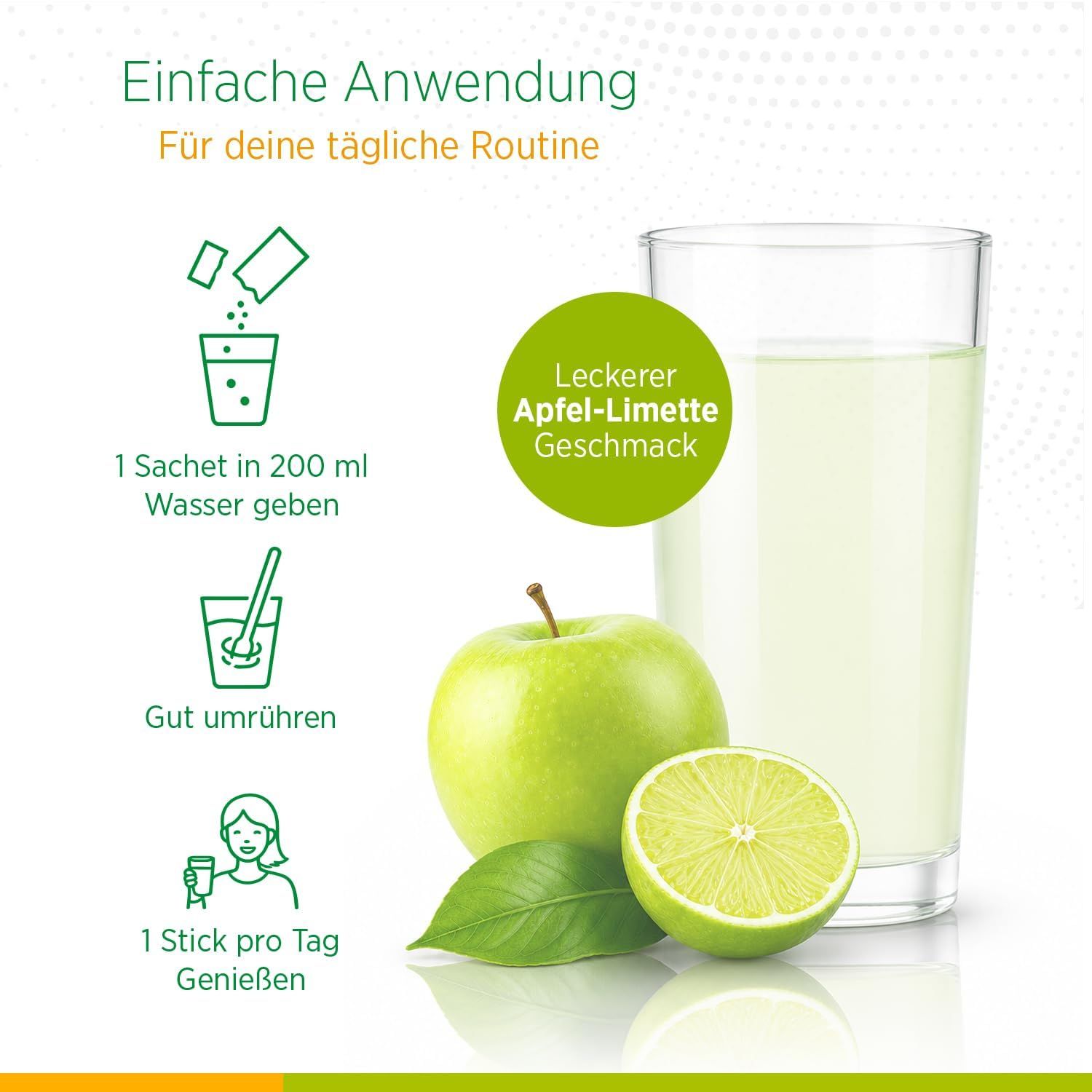 Anwendung von Biostile Pure Magnesium 5: 1 Stick in Wasser auflösen, umrühren, genießen. Apfel-Limetten-Geschmack.