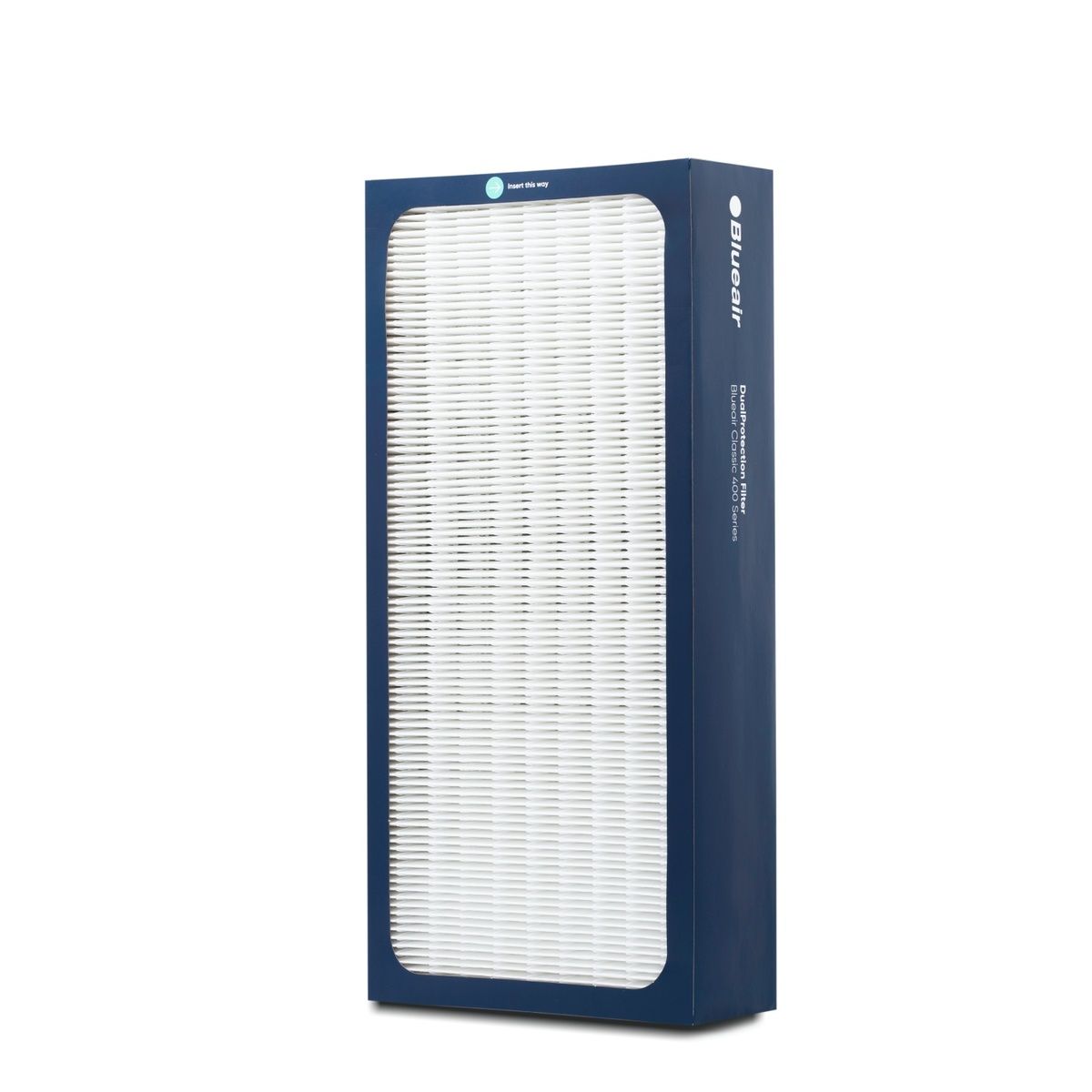 Blauer Luftfilter mit weißem Filter. Aufschrift Blueair. Rechteckige Form. Filter für Blueair Classic 400.