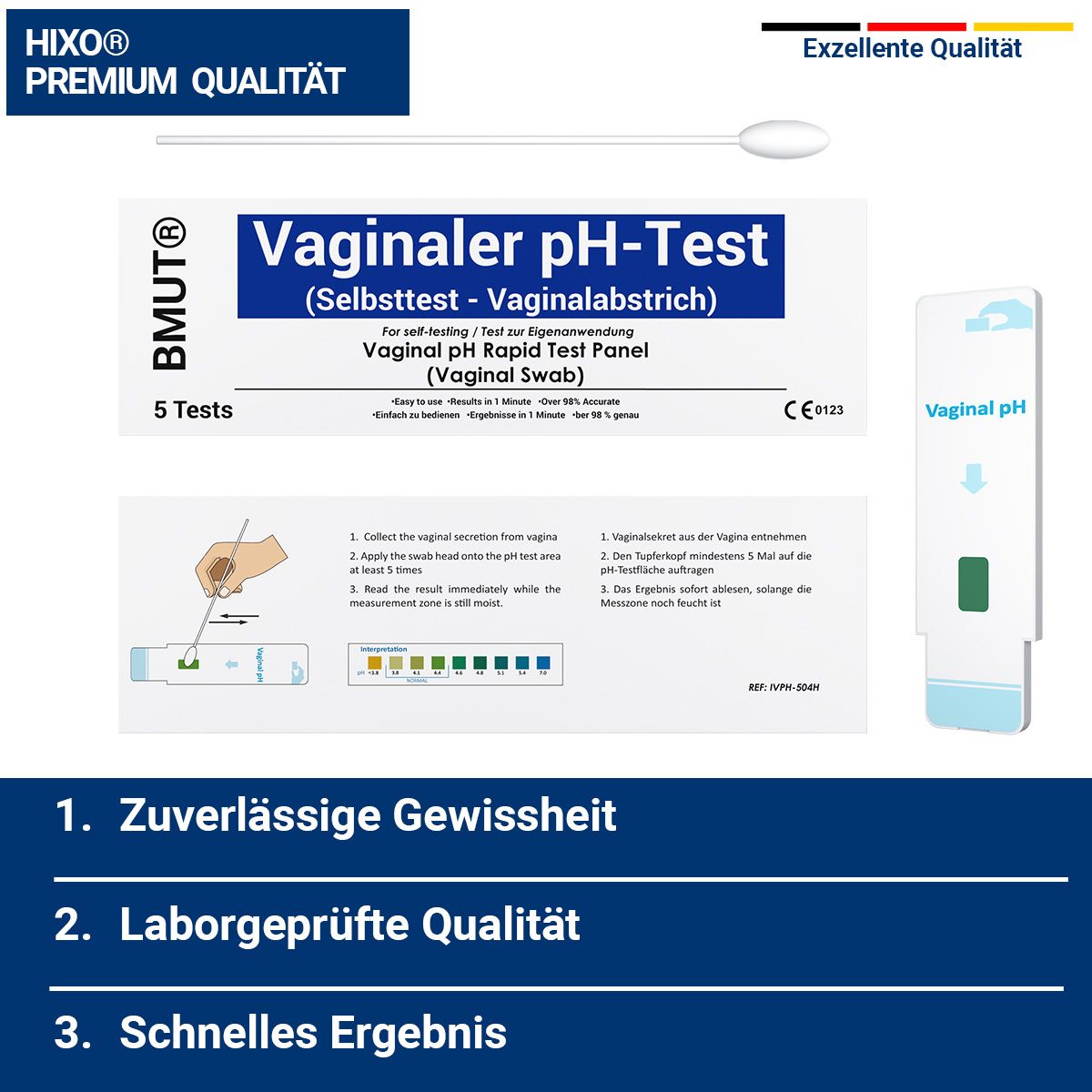 Vaginaler pH-Test Kit mit 5 Tests, inklusive Wattestäbchen und Farbskala.