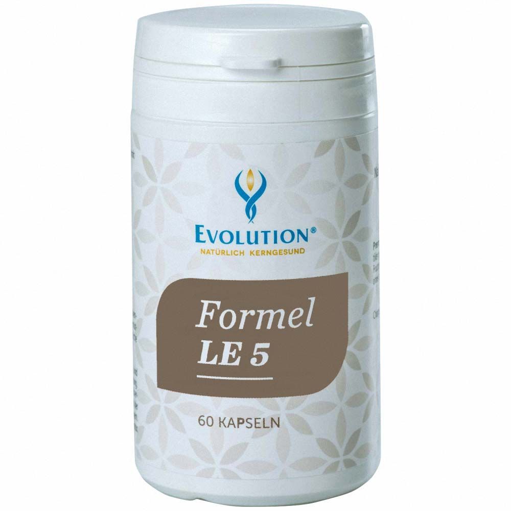 Weiße Dose mit Deckel. Aufschrift "Evolution Formel LE 5" und "60 Kapseln". Logo mit Flammen-Symbol.