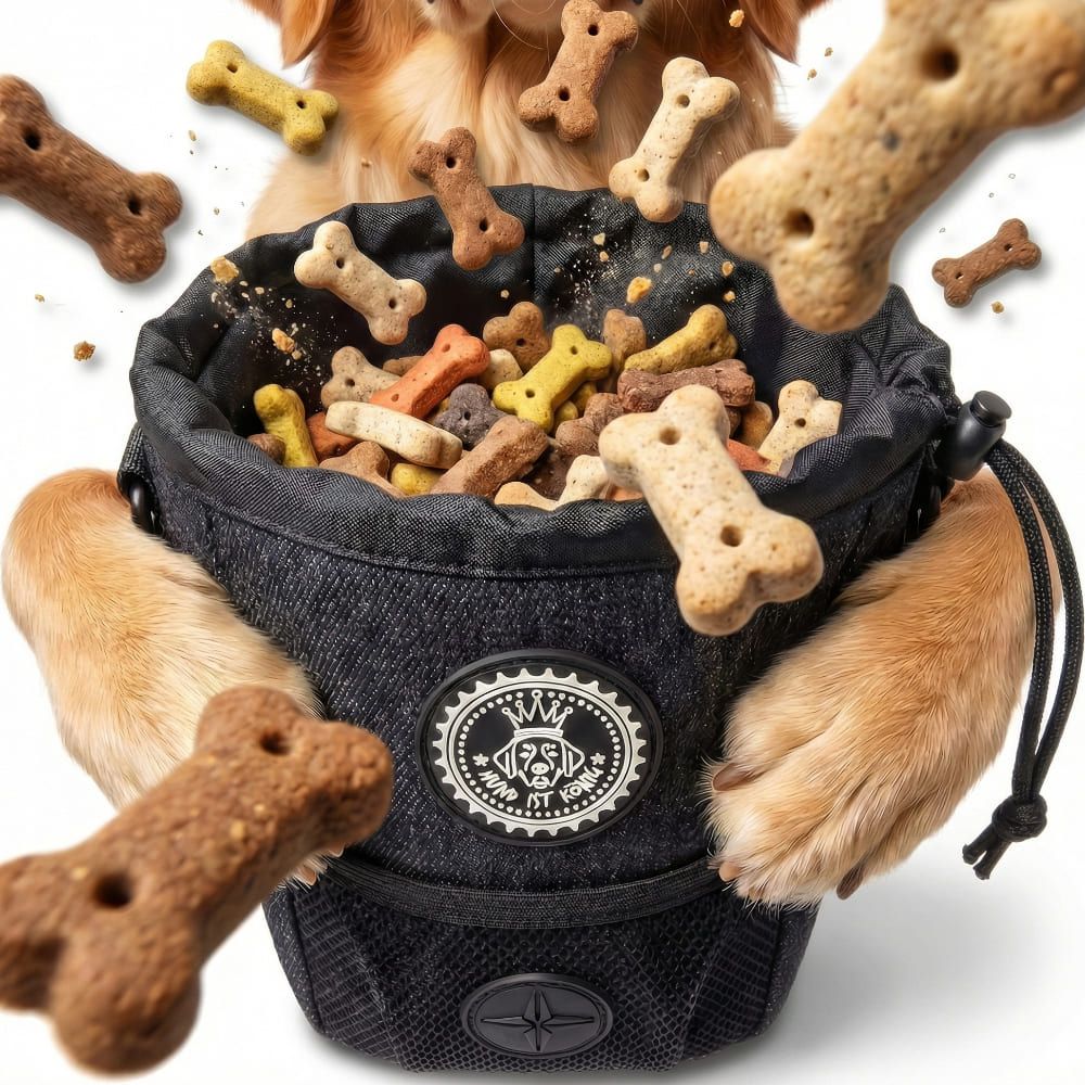 Schwarzer Futterbeutel mit Leckerlis. Hundepfoten halten den Beutel. Knochenförmige Leckerlis fallen heraus.