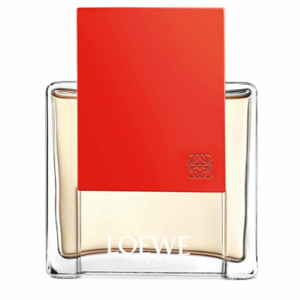 Parfümflakon mit rotem Deckel. Rechteckiger Glasflakon mit Logo. Roter Deckel bedeckt die Oberseite.