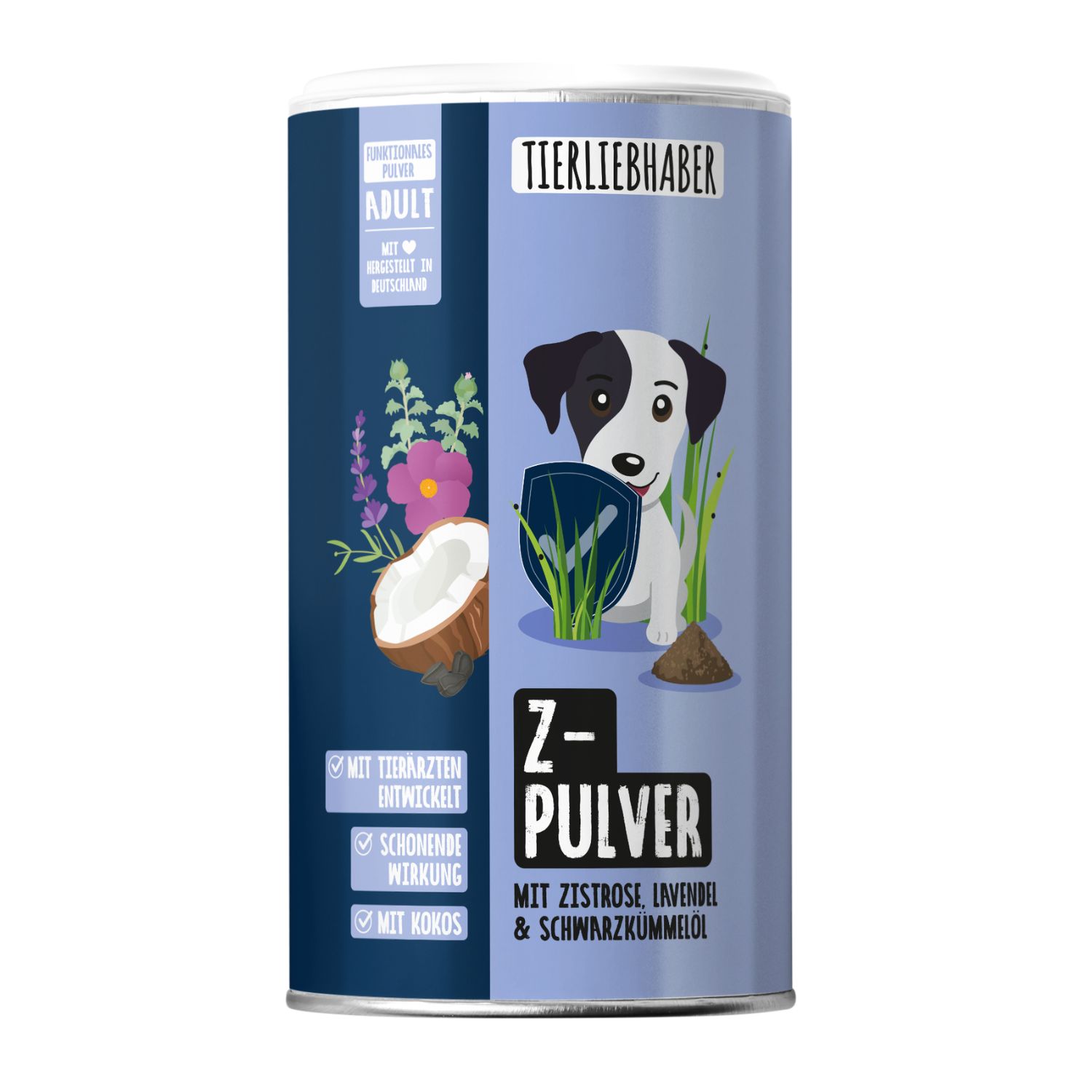 Dose Tierliebhaber Z-Pulver mit Hund, Lavendel und Kokosnuss.