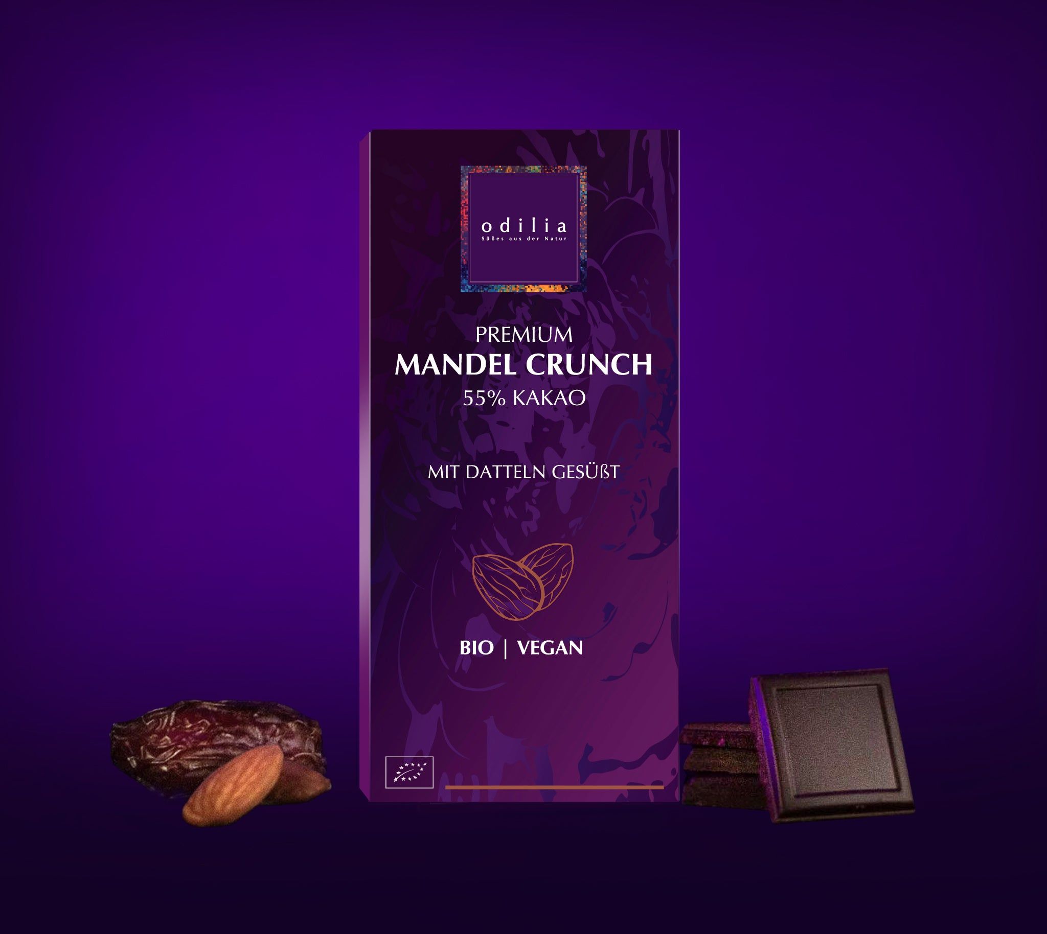 Odilia Premium Mandel Crunch Schokolade, 55% Kakao, mit Datteln gesüßt, Bio, Vegan.
