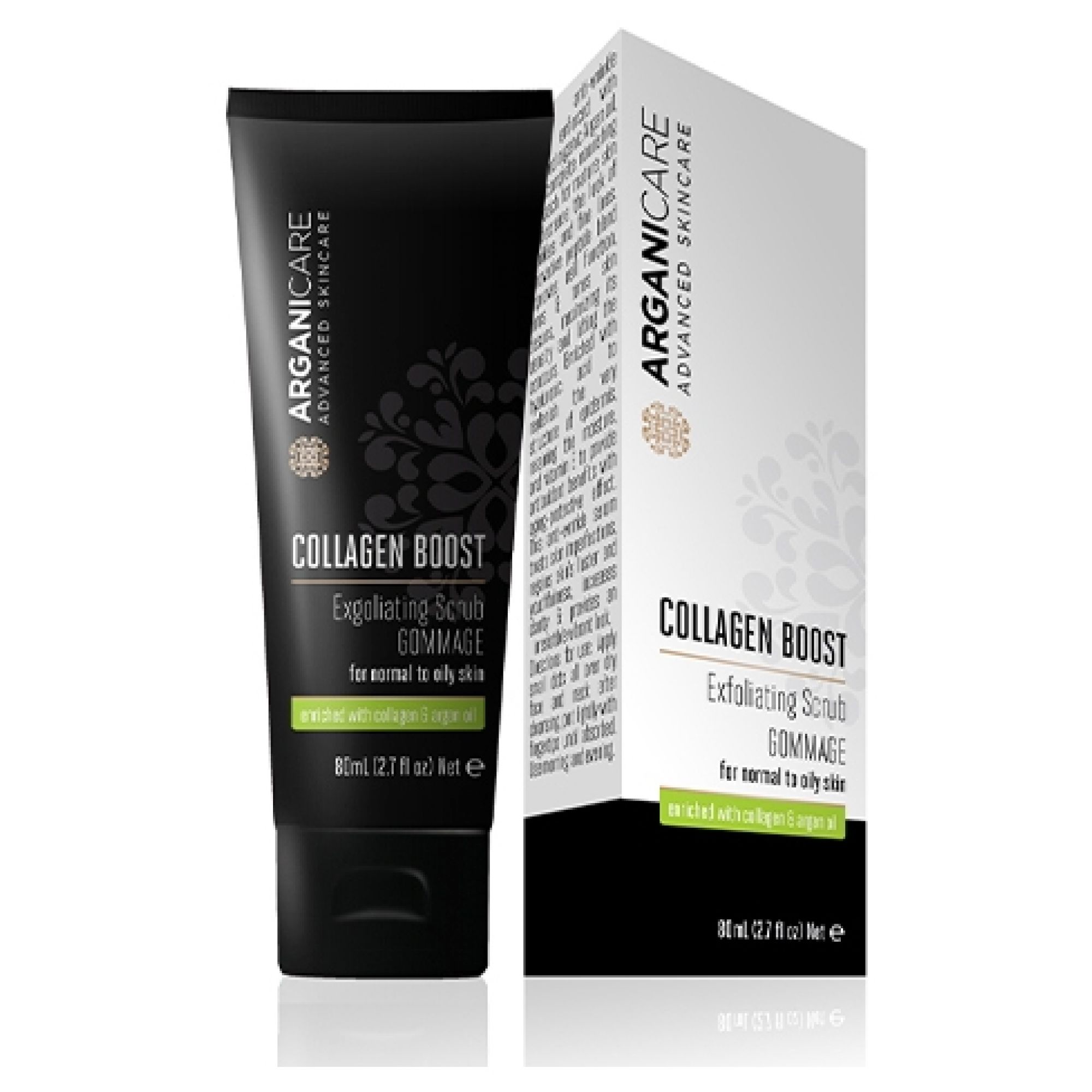 Arganicare Collagen Boost Gesichtspeeling Tube und Karton. Für normale bis ölige Haut.