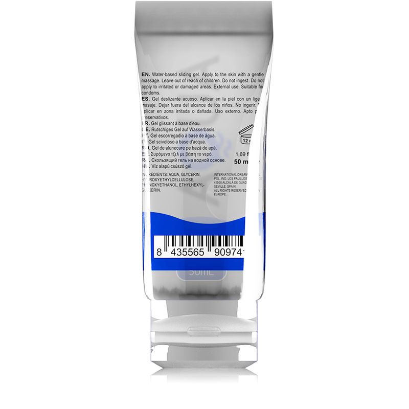 Rückseite einer AQUA Gleitmittel Tube mit Anwendungshinweisen und Inhaltsstoffen.