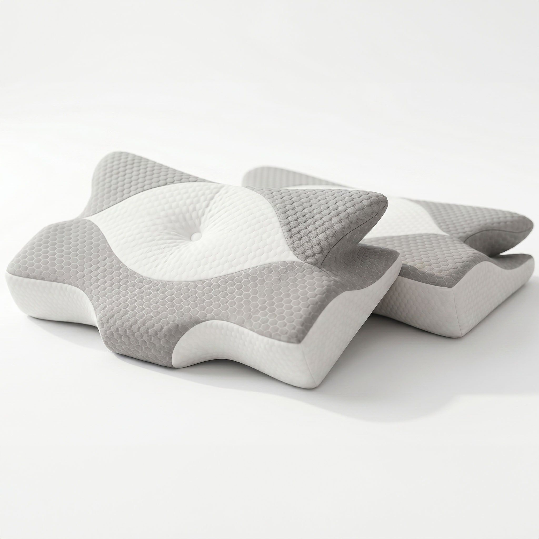 Ergonomisches Nackenkissen aus Memory-Schaum mit wellenförmiger Struktur und Wabenmuster.