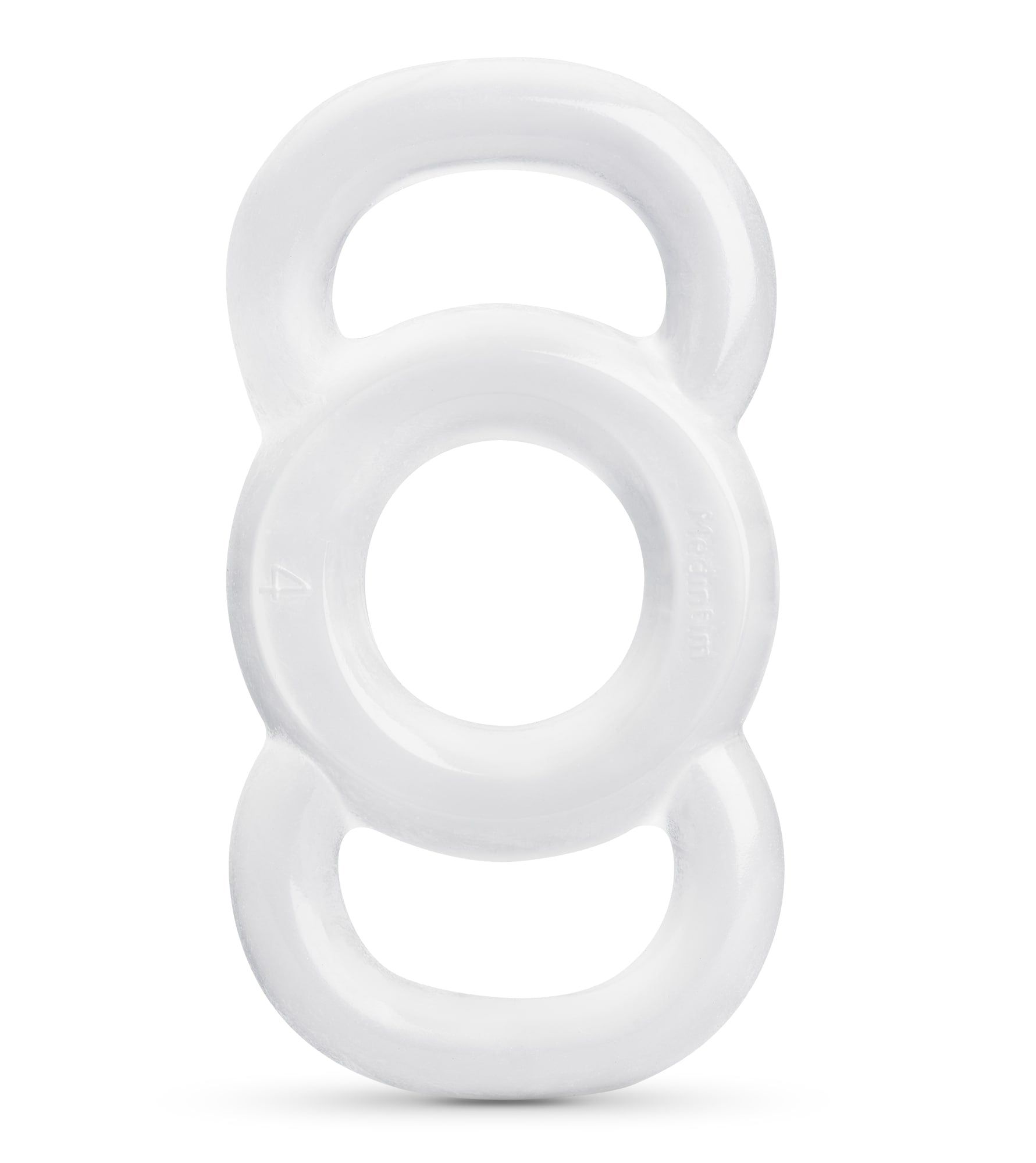 Weißes Produkt mit drei verbundenen Ringen. Mittlerer Ring mit größerer Öffnung.
